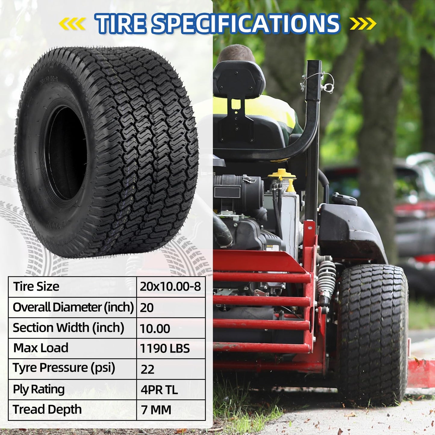 20x10.00-8 Lawn Mower Tire, 20x10-8 Tubeless Tire for Tractor Riding Lawnmowers, 4 Ply, Turf-S Pattern, 2 Pack