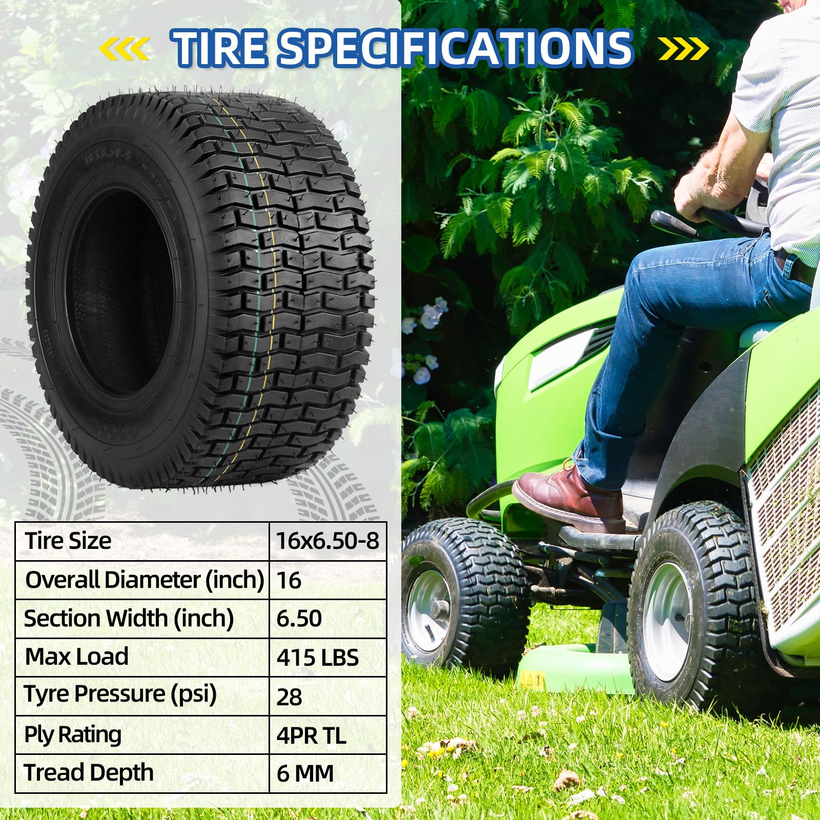 16x6.50-8 Lawnmower Tubeless Tire, 16x6.5-8 for Tractor Riding Lawn Mowers, 4 Ply, Turf-V Pattern(2 Pack)