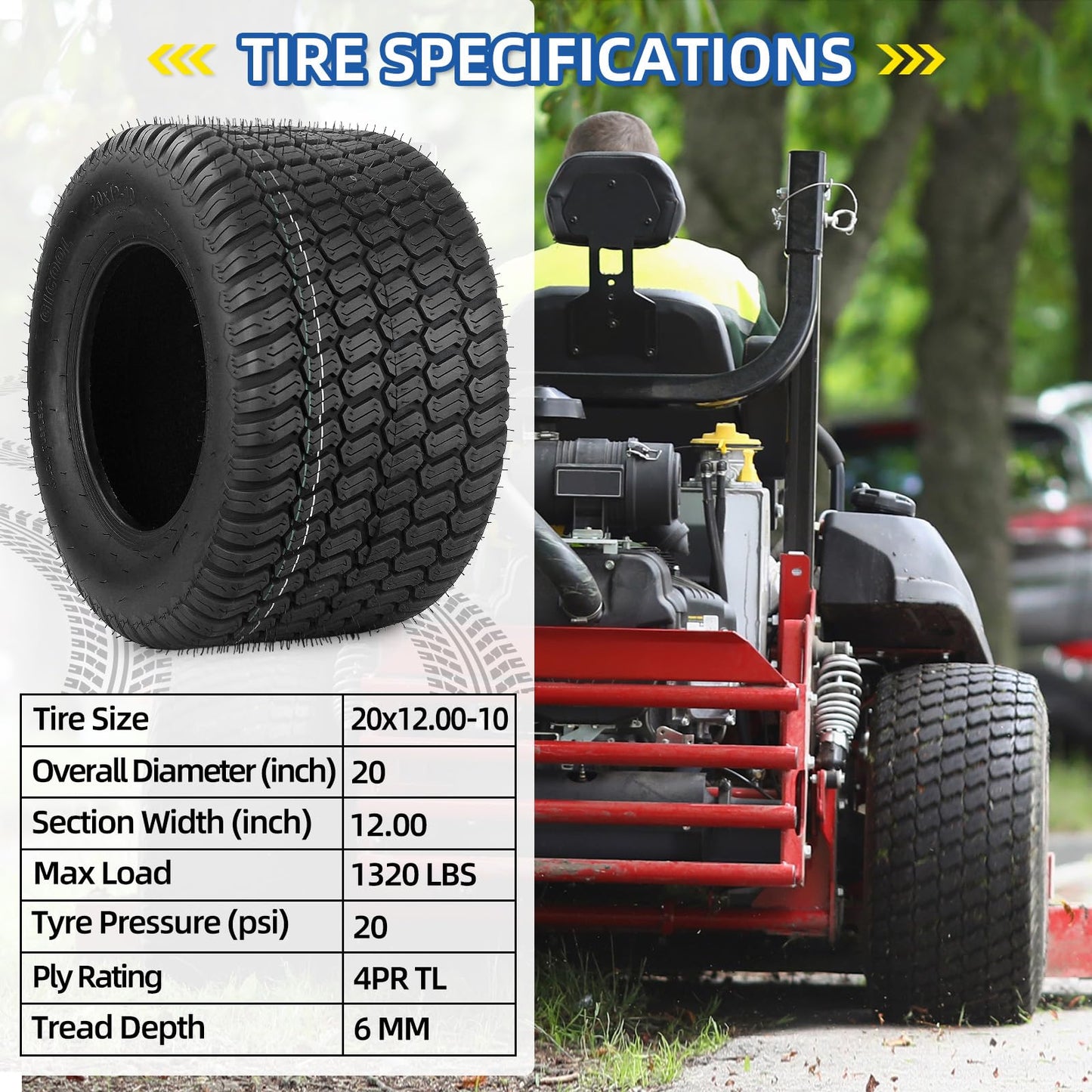 20x12.00-10 Tubeless Lawn Mower Tires, 20x12-10 for Tractor Riding Lawnmowers, 4 Ply, Turf-S Pattern(2 Pack)