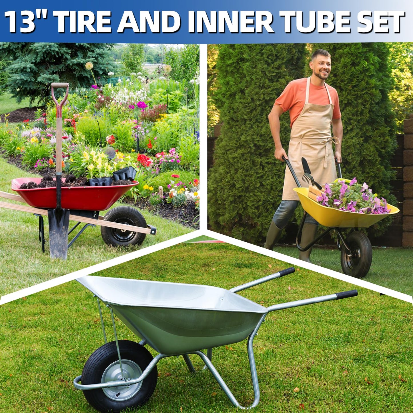 4.00-6 Replacement Tire and Inner Tube Set, 13" Heavy Duty Tire and Wheel, TR-13 Straight Valve Stem, for wheelbarrow Trolley Dolly Garden Wagon Wheel Replacement (2 Pack)