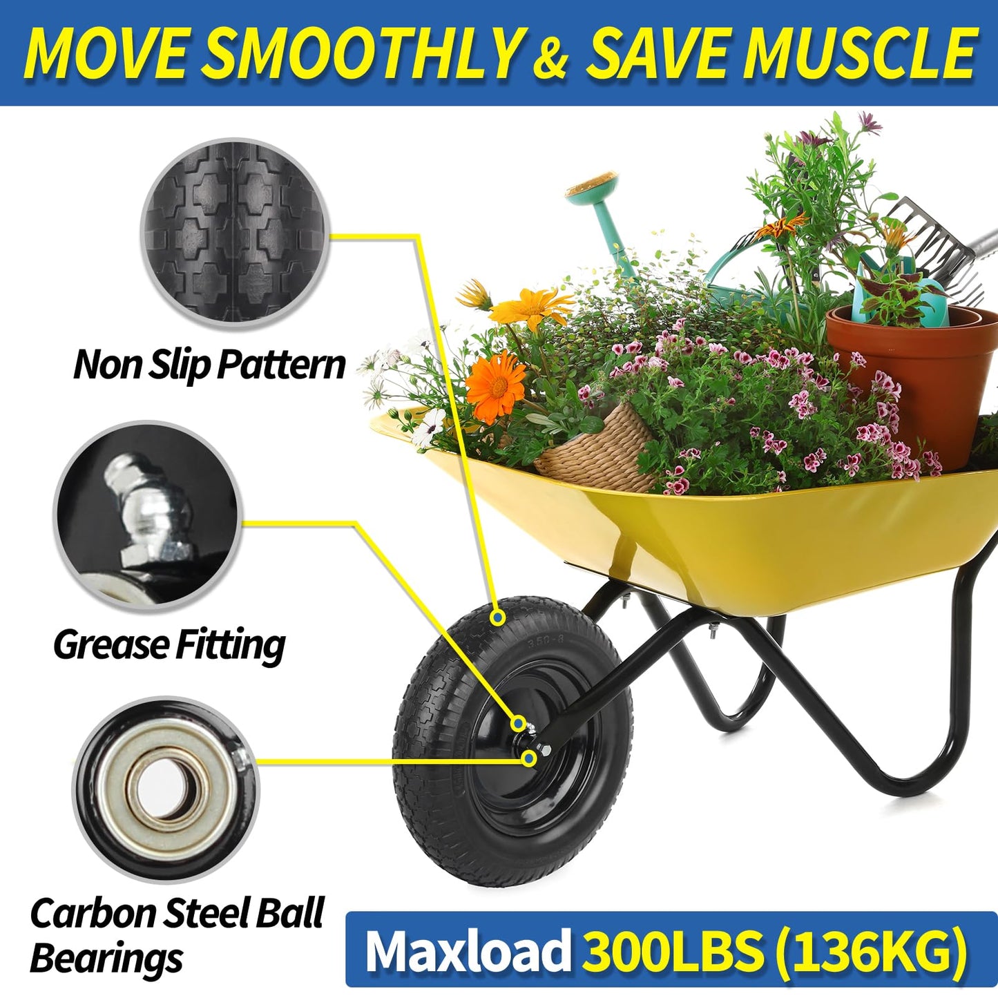 14.5" Wheelbarrow Tire, 3.50-8" Flat-free Solid Tire and Wheel with 5/8" Axle Bore Hole, 3-6" Centered Hub for Wheelbarrow Trolley Dolly Lawn Mover Go Kart Replacement
