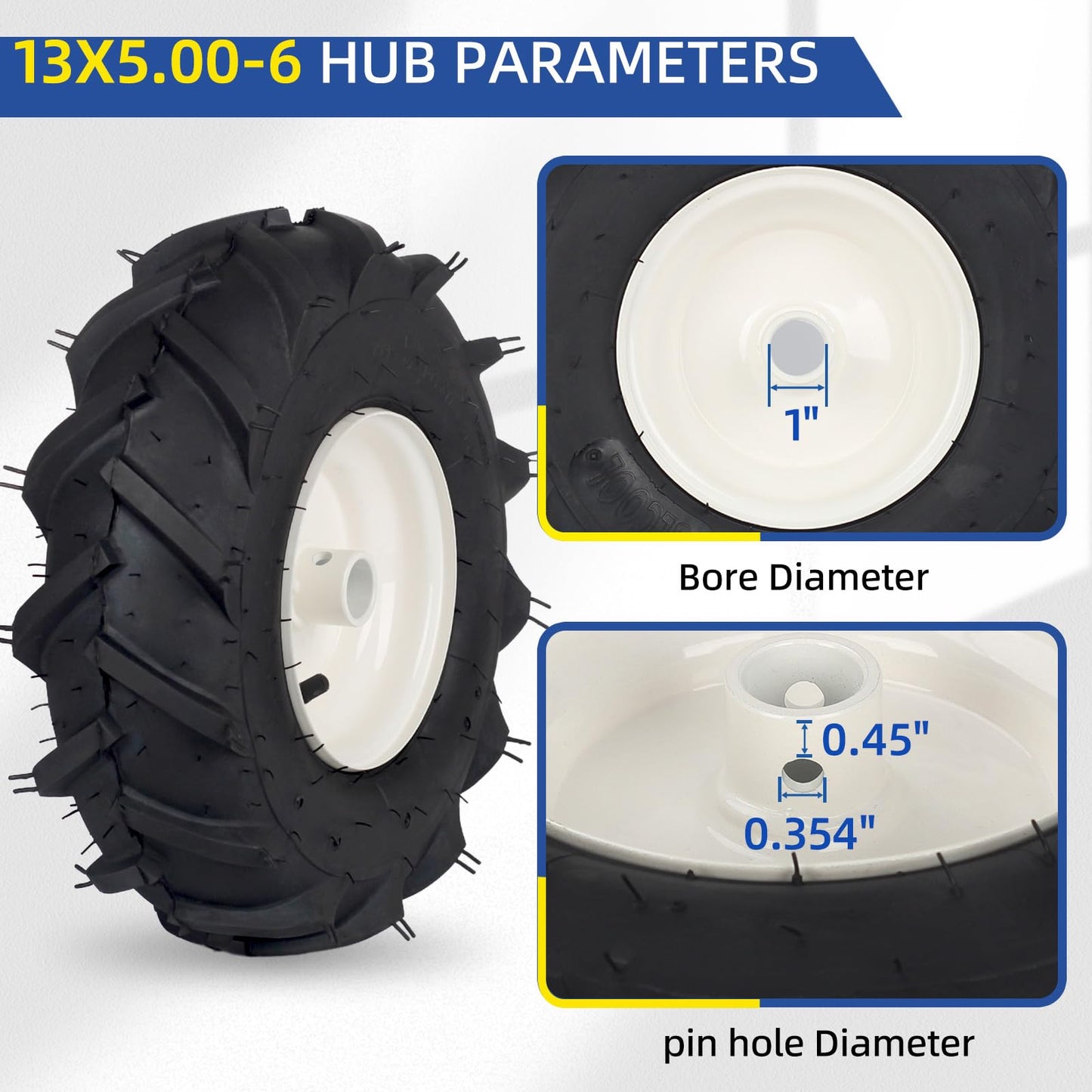 13x5.00-6" Tiller Tire and Wheel, 【1" Axle Size】, 3-1/8" Centered Hub, 13x5-6 Tubeless Agriculture Super Lug Tractor & Trencher Tire Replacement, 1 Pack