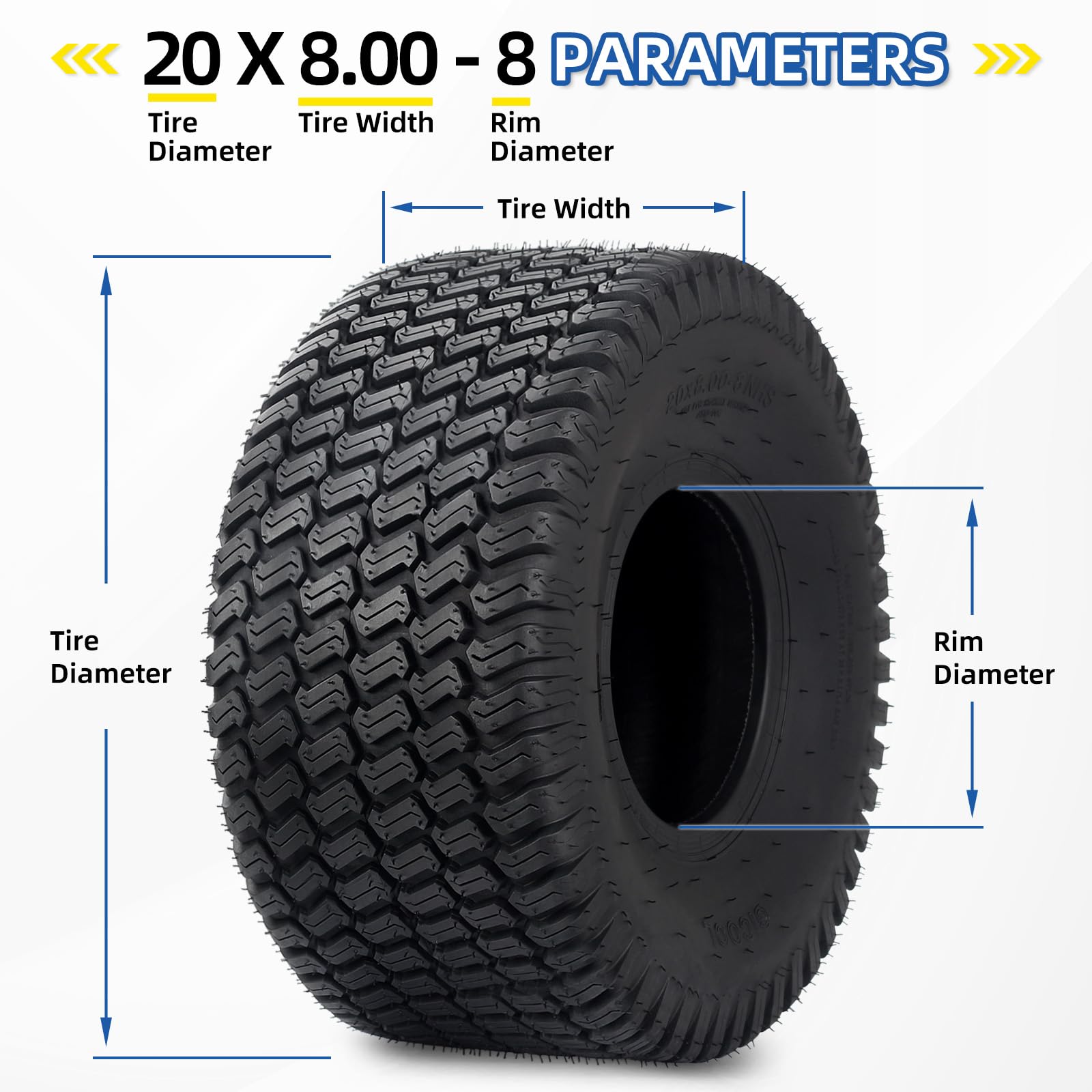 20x8.00-8 Lawnmower Tubeless Tire, 20x8-8 for Tractor Riding Lawn Mowers, 4 Ply, Deep Turf-S Pattern(2 Pack)