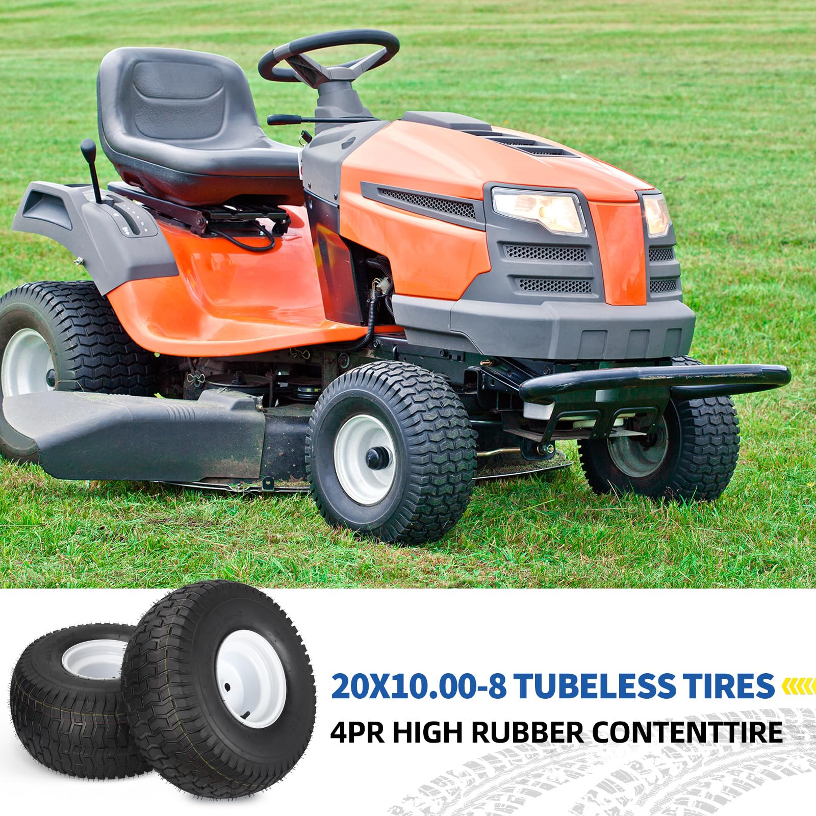20x10.00-8 Lawn Mower Tire and Wheel, 4 Ply Tubeless Tire, Replacement 20x10-8nhs Riding Lawn Mower and Tractor Rear Tire and Wheel Assemblies, 3.5" Offset Hub, 3/4" Borehole, and 3/16" Keyway