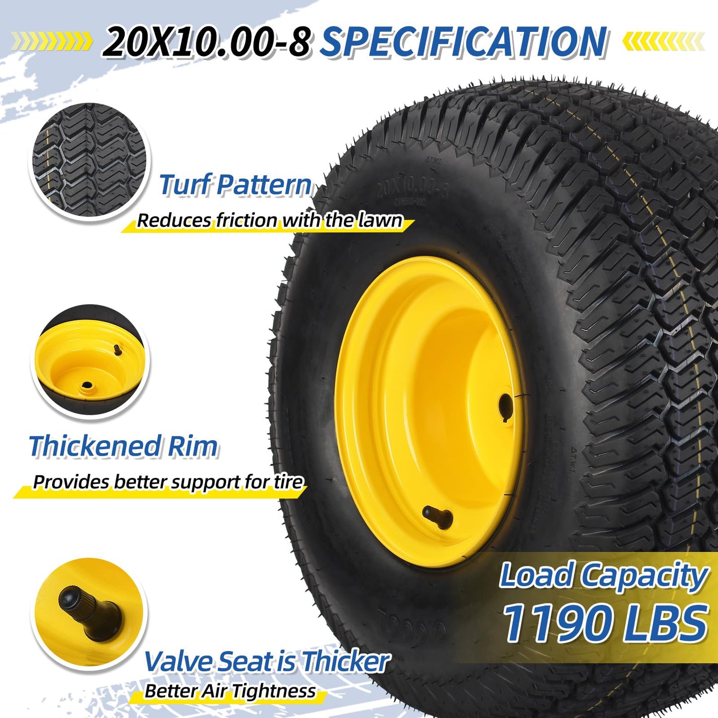 20x10.00-8 Lawn Mower Tire and Wheel, 3/4" Borehole, and 3/16" Keyway, 3.5" Offset Hub, 4 Ply Tubeless Tire, Replacement 20x10-8nhs Riding Lawn Mower and Tractor Rear Tire and Wheel Assemblies