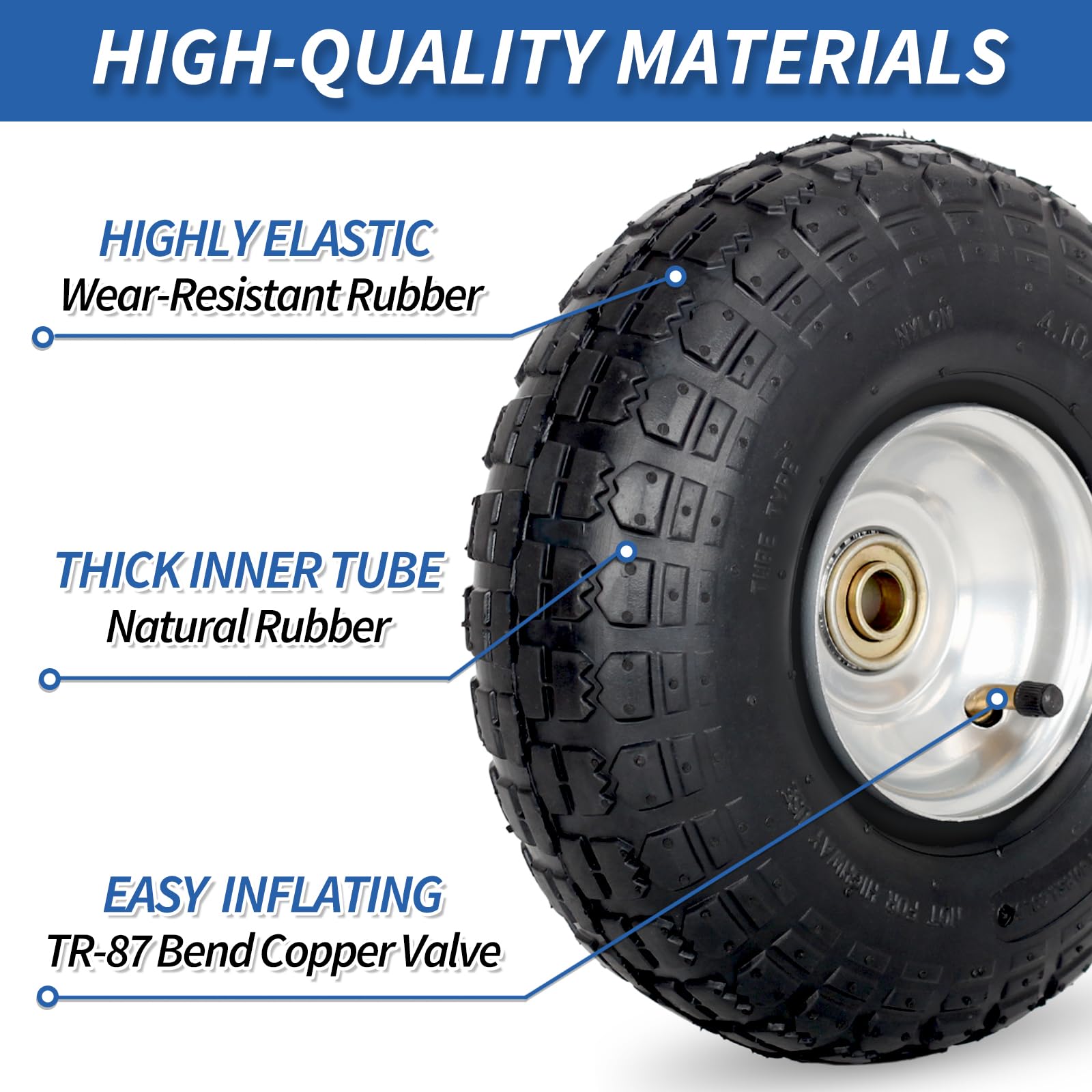 4.10/3.50-4 Pneumatic Tire, 10" Tire and Wheel,  with 2.25" Offset Hub, 5/8" Axle Bore Hole, Sealed Bearings, for Hand Truck Trolley Dolly Cart 4 Pack