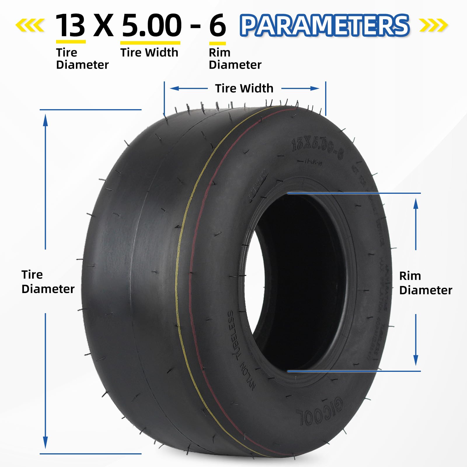 13x5.00-6 Lawn Mower Tubeless Tire, 13x5-6 Riding Zero Turn Lawnmower Smooth Turf Tyre, 4 Ply(2 Pack)