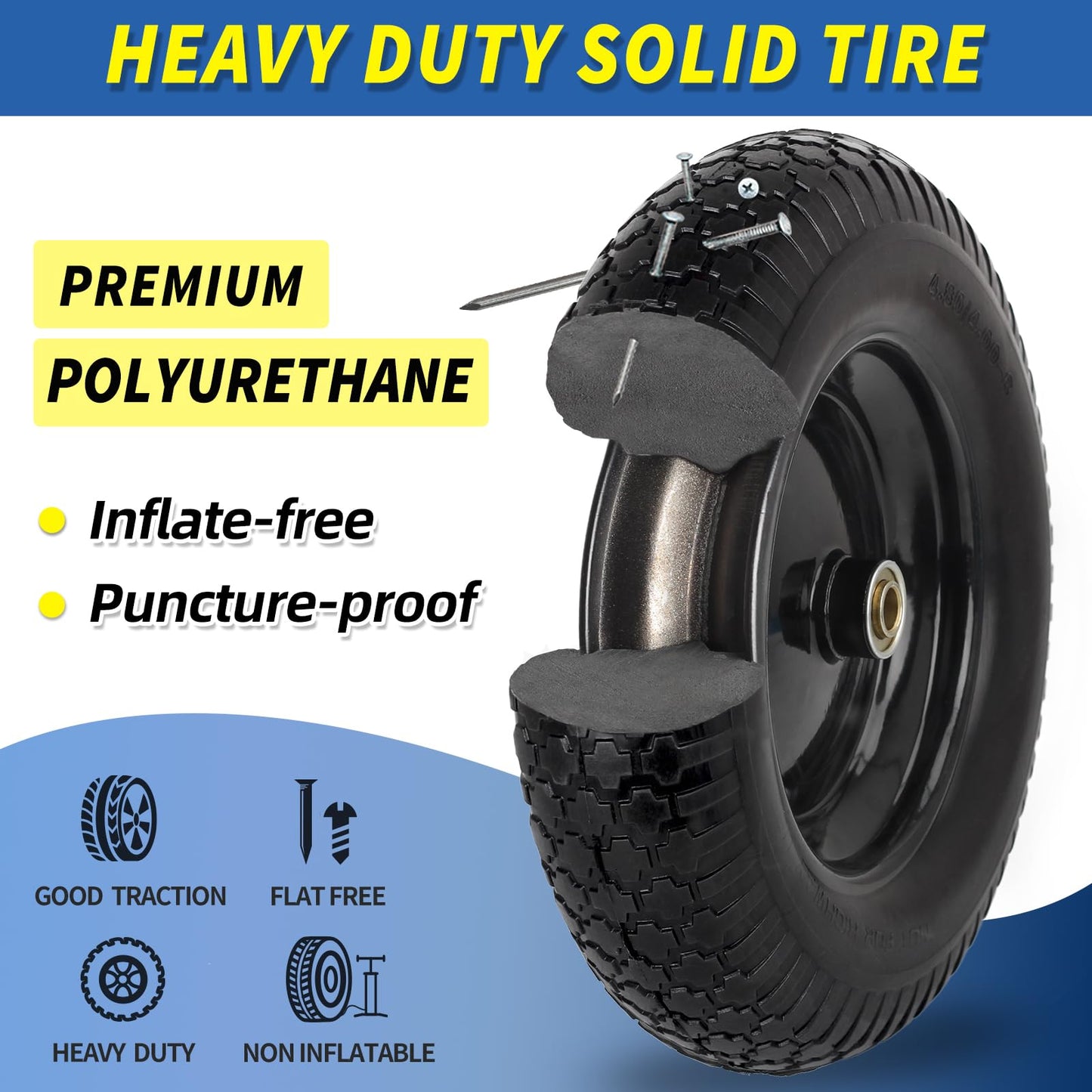 14.5" Wheelbarrow Tire, 3.50-8" Flat-free Solid Tire and Wheel with 5/8" Axle Bore Hole, 3-6" Centered Hub for Wheelbarrow Trolley Dolly Lawn Mover Go Kart Replacement