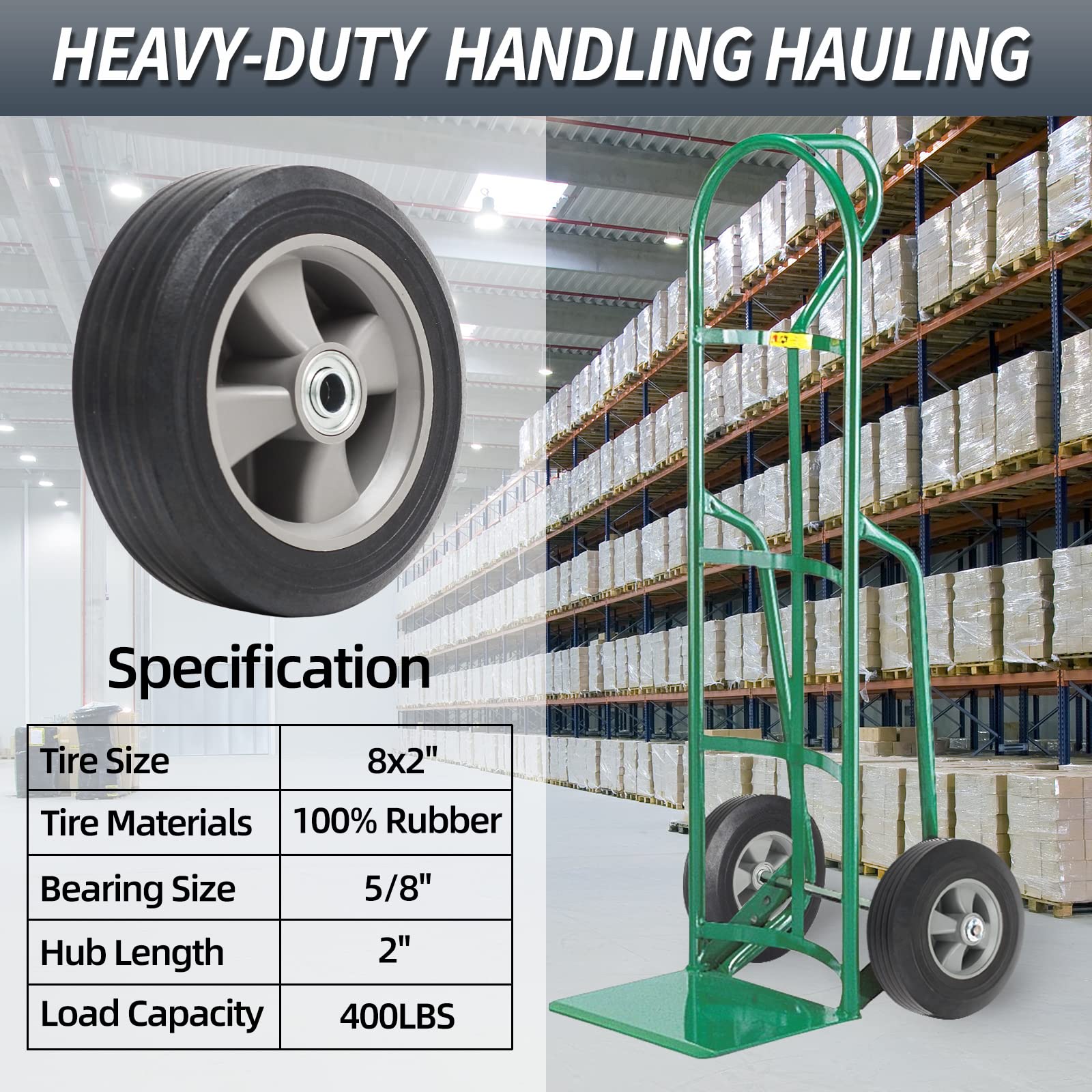 8" x 2" Flat-Free Solid Rubber Tire and Wheel with Ball Bearings and 5/8" Axle Bore Hole, 2" Offset Hub, For Hand Truck Dolly Trolley Garden Wagon Cart Generator Replacement Tire (2 Pack)