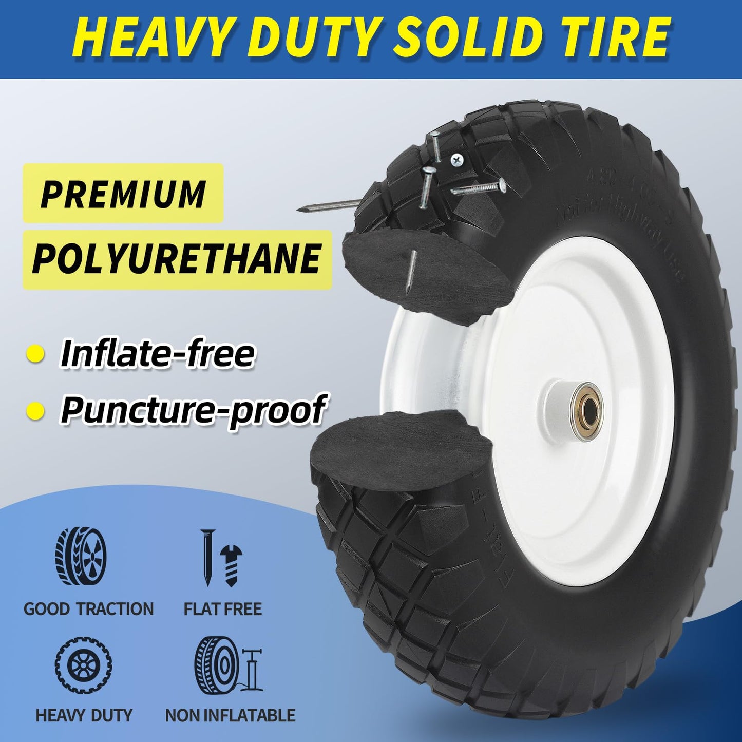 4.80/4.00-8" Wheelbarrow Tire, 16" Flat-Free Solid Tire and Wheel, 3" Centered Hub, 5/8" Axle Bore Hole, for Garden Wagon Cart Trolley Dolly Lawn Mover Go Kart Replacement (2 Pack)