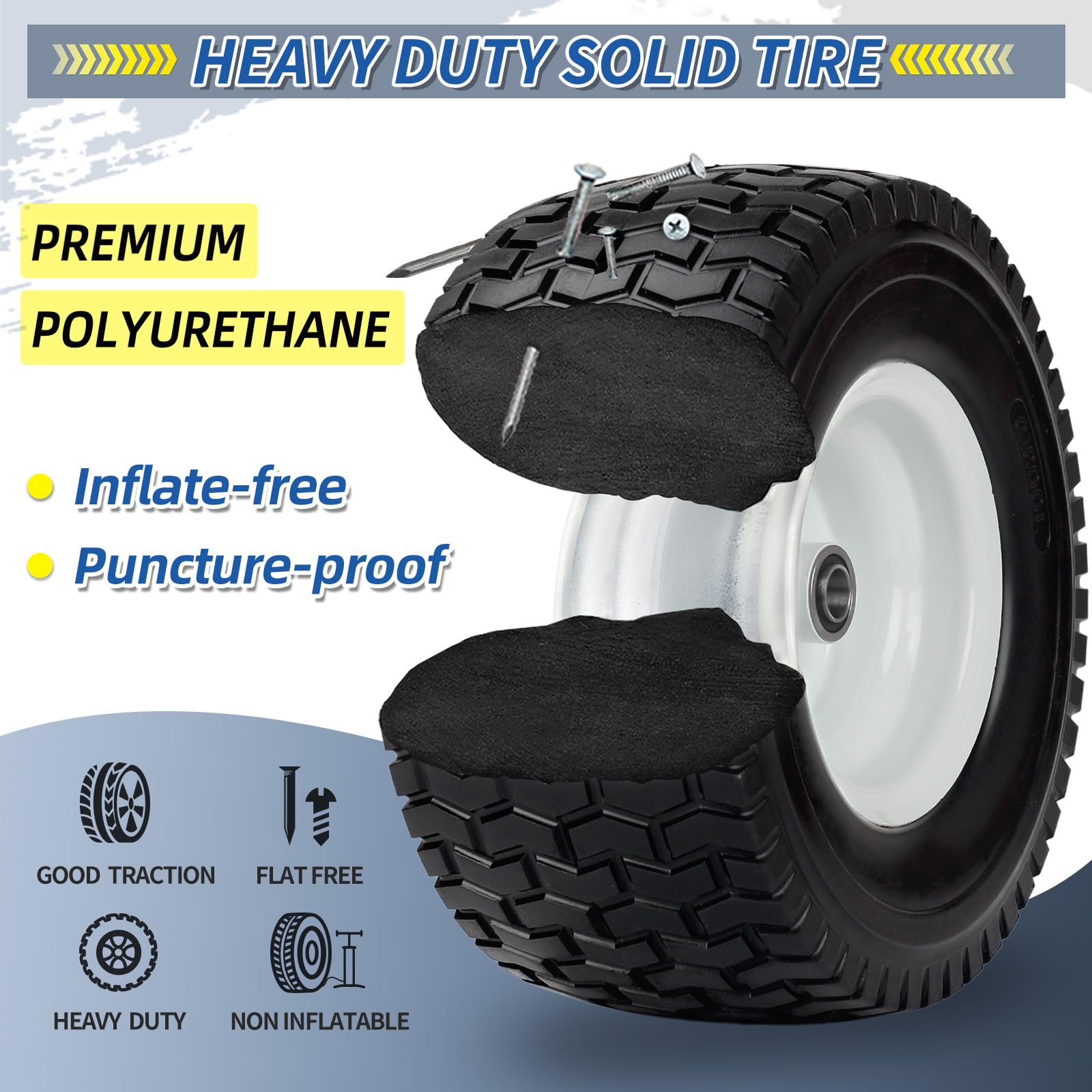 13x6.50-6 Tire and Wheel, 13x6.5-6" Flat-free Lawn Mower Tires, 3”-6.5“ Centered Hub, 3/4" or 5/8" Bearing, Universal Fit Garden Tractor Front Wheels, V-Turf Pattern, 2 (Pack)