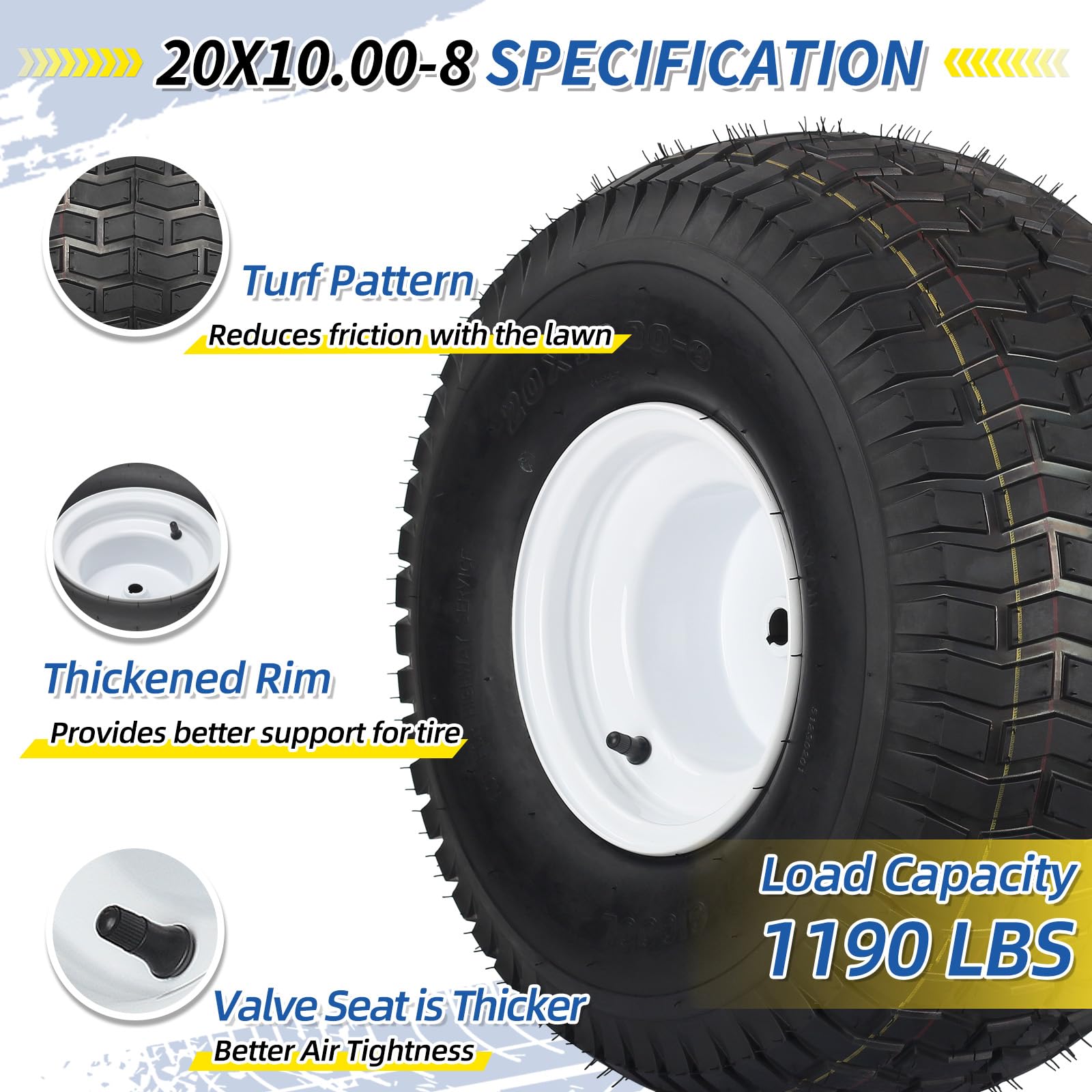 20x10.00-8 Lawn Mower Tire and Wheel, 4 Ply Tubeless Tire, Replacement 20x10-8nhs Riding Lawn Mower and Tractor Rear Tire and Wheel Assemblies, 3.5" Offset Hub, 3/4" Borehole, and 3/16" Keyway