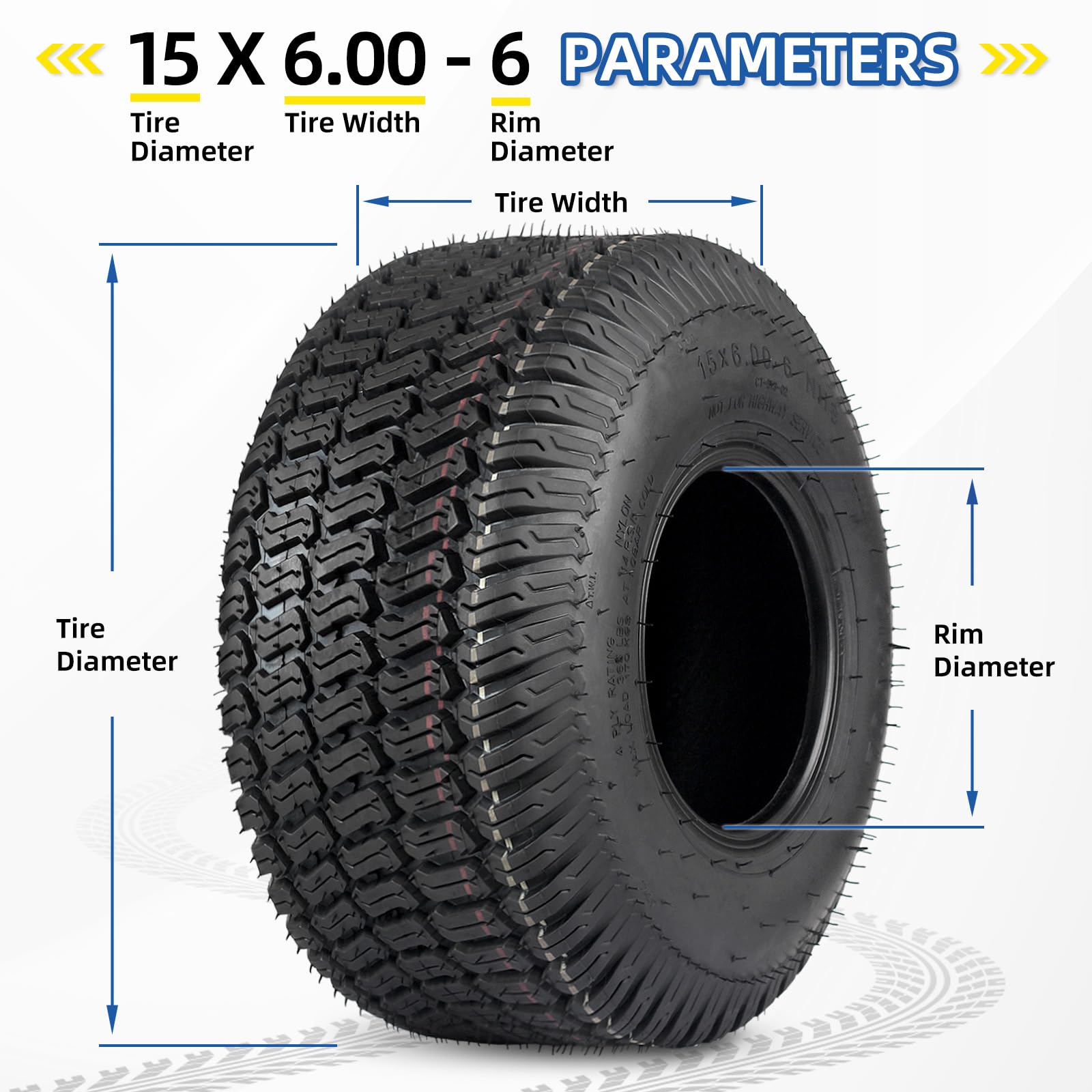 15x6.00-6 Lawn Mower Tubeless Tire, 15x6-6 Garden Tractor Lawnmower Tire, 4 Ply, Turf S Pattern(2 Pack)