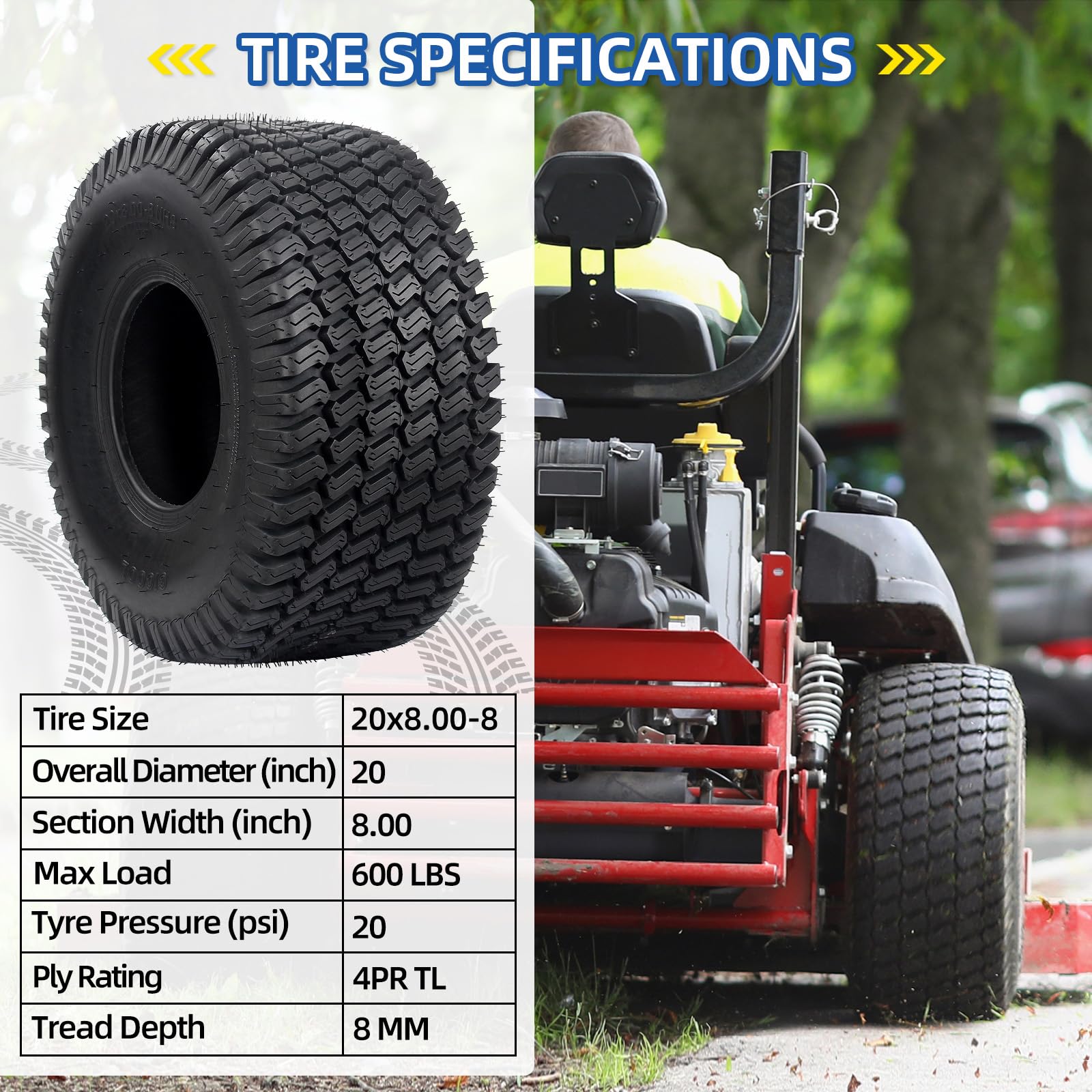 20x8.00-8 Lawnmower Tubeless Tire, 20x8-8 for Tractor Riding Lawn Mowers, 4 Ply, Deep Turf-S Pattern(2 Pack)