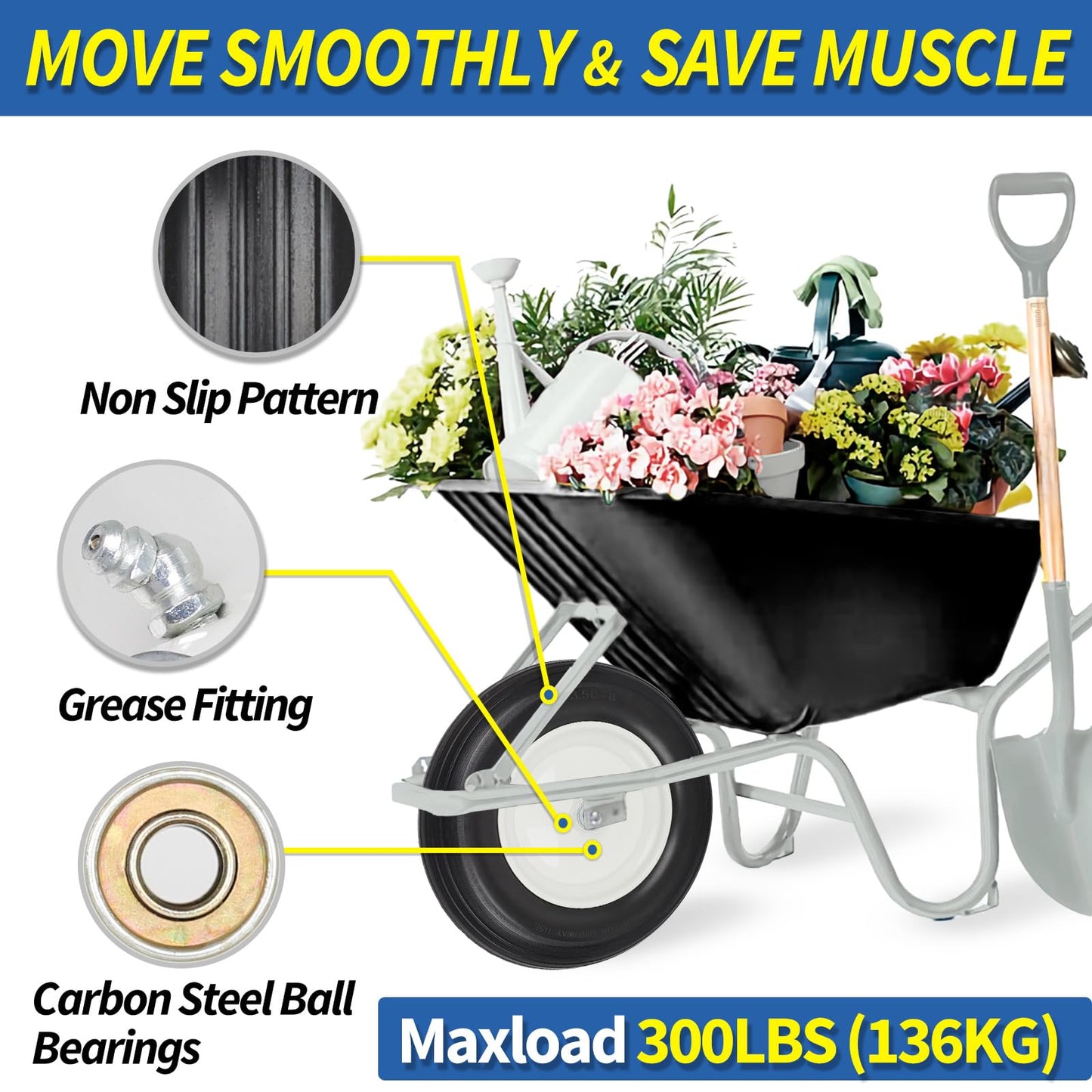 14.5" Wheelbarrow Flat Free Tire, Fits 4.80/4.00-8, 3.50/2.50-8, 4.00-6, 4.00-8, Wheelbarrow Wheels, 5/8" Bearing with Extra 3/4" Bearing, 3" -6" Centered Hub