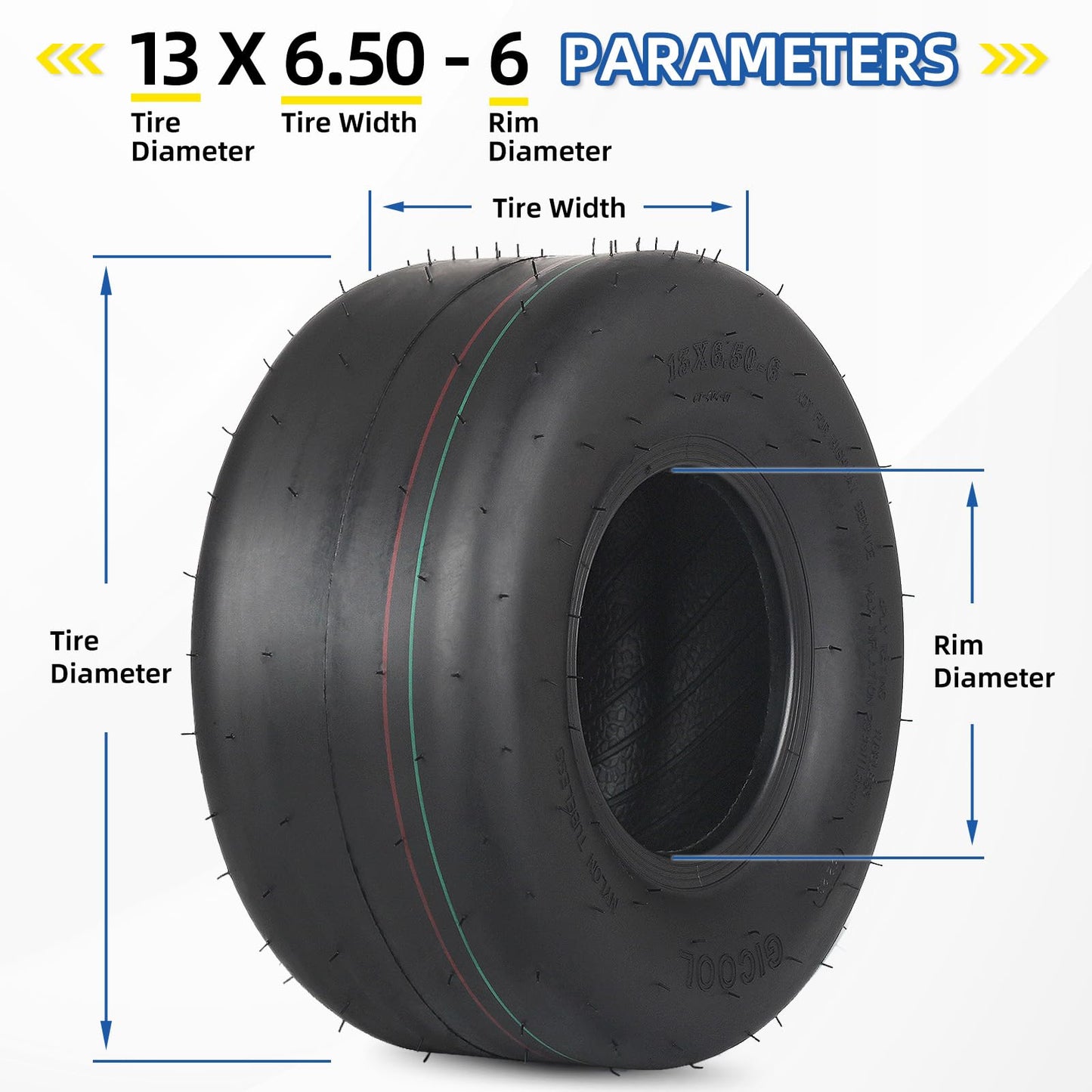 13x6.50-6 Tubeless Lawn Mower Tire, 13x6.5-6 Riding Zero Turn Lawnmower Smooth Turf Tyre, 4 Ply (2 Pack)