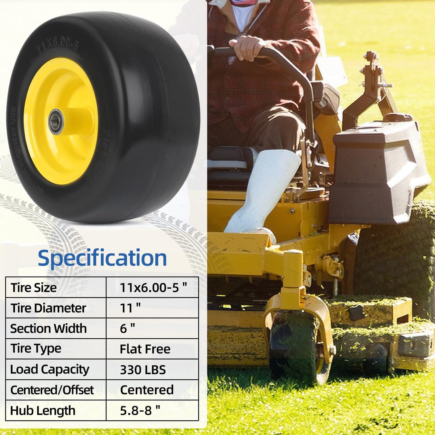 11x6.00-5 Flat Free Zero Turn Mower Tire and Wheel, 11x6-5nhs Riding Mowers Lawn Tire and Wheel with 3/4" Bearing, 5.8" -8" Centered Hub