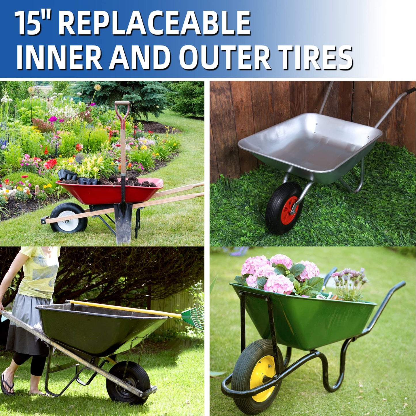 4.80/4.00-8 Replacement Tire and Inner Tube Set, 15" Heavy Duty Tire and Wheel, TR-13 Straight Valve Stem, for wheelbarrow Trolley Dolly Garden Wagon Wheel Replacement (2 Pack)