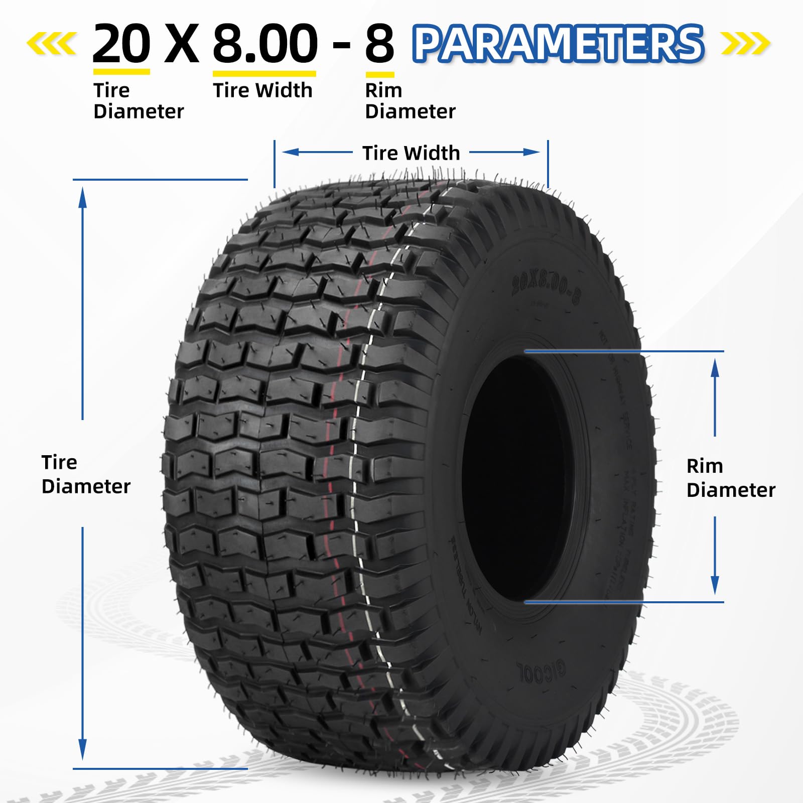 20x8.00-8 Lawnmower Tire, 20x8-8 Tractor Turf tire, 20 x 8.00-8 nhs, 4 Ply Tubeless Tire, Turf V Pattern, 2 Pack