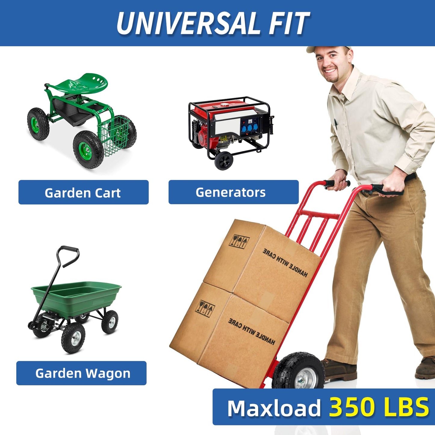 4.10/3.50-4" Flat Free Tire and Wheel, 10" Heavy Duty Solid Tire, 5/8" Axle Bore Hole, 2.2" Offset Hub, for Hand Truck Garden Cart Wagon Trolley Dolly, 2 Pack