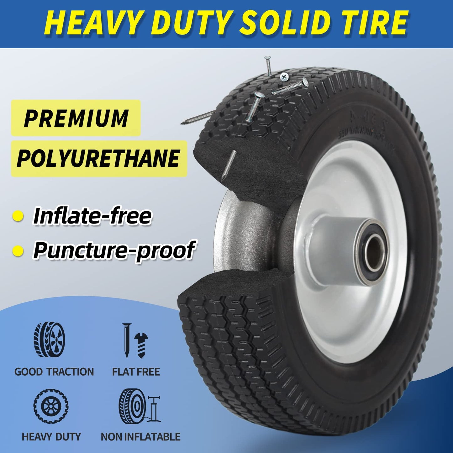 2.50-4 Solid Tire and Wheel, 8-Inch Flat-free Tire, 5/8" Bearings, 2.2" Offset Hub for Hand Truck Garden Wagon Trolley Dolly Replacement (2 Pack)