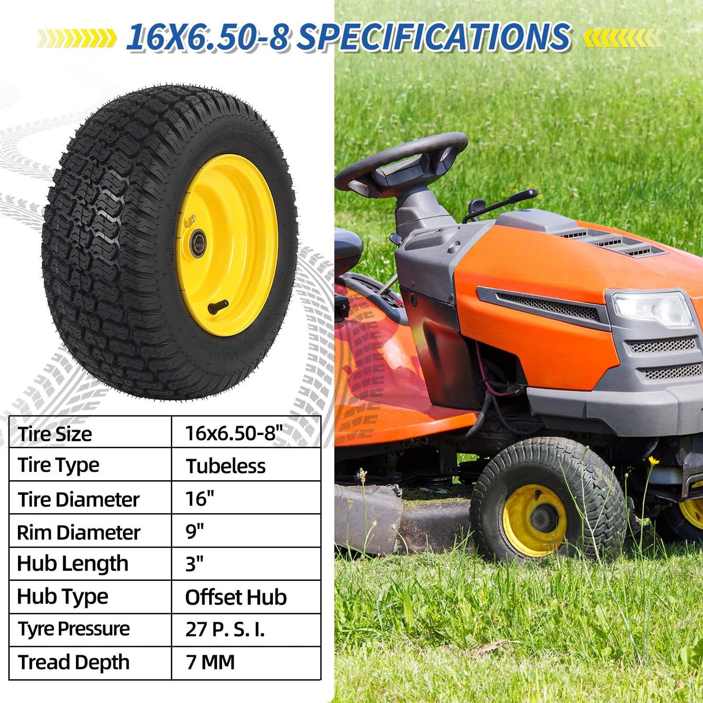 16x6.50-8 Tubeless Tire and Wheel, 16x6.5-8 Lawn Mower Tires, 3"-4.5" Offset Hub, 3/4" or 5/8" Bearing, Universal Fit Riding Mower and Garden Tractor Front Wheel, 4 Ply, S-Turf Pattern, 2 Pack