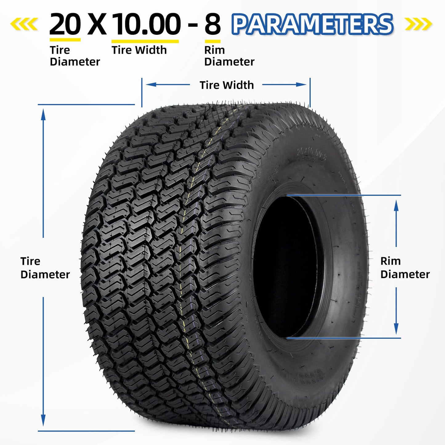 20x10.00-8 Lawn Mower Tire, 20x10-8 Tubeless Tire for Tractor Riding Lawnmowers, 4 Ply, Turf-S Pattern, 2 Pack