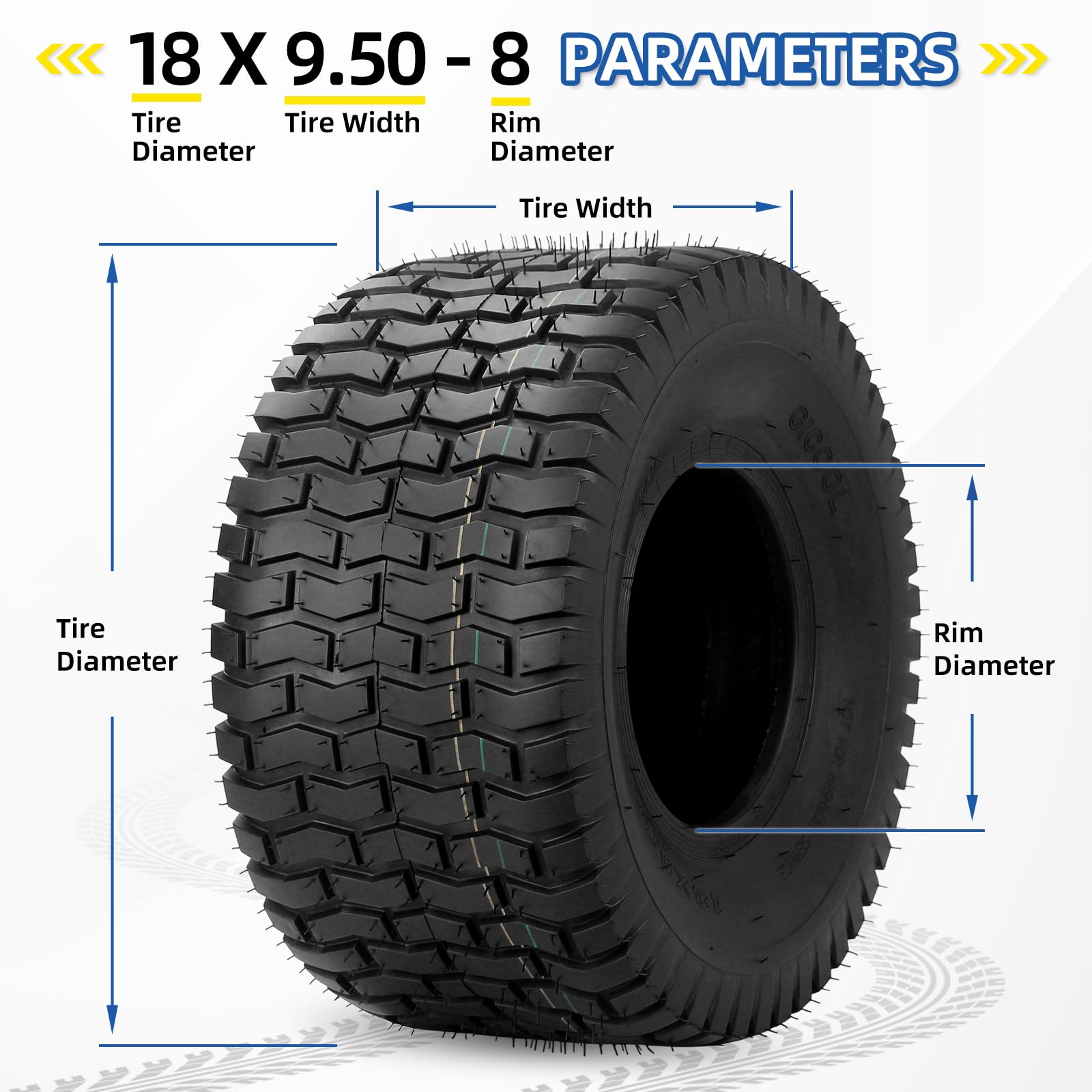 18x9.50-8 Lawn mower Tire, 18x9.5-8 Tubeless Tire for Tractor Riding Lawnmowers, 4 Ply Tubeless Tire, Turf-V Pattern(2 Pack)
