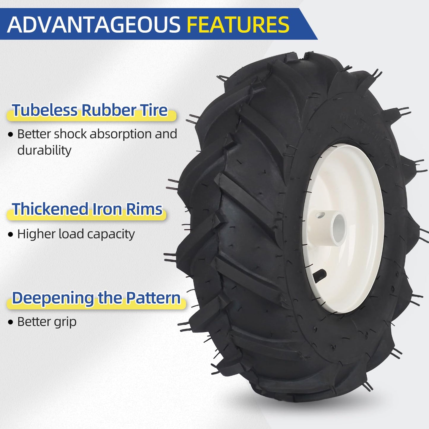 13x5.00-6" Tiller Tire and Wheel, 【1" Axle Size】, 3-1/8" Centered Hub, 13x5-6 Tubeless Agriculture Super Lug Tractor & Trencher Tire Replacement, 1 Pack