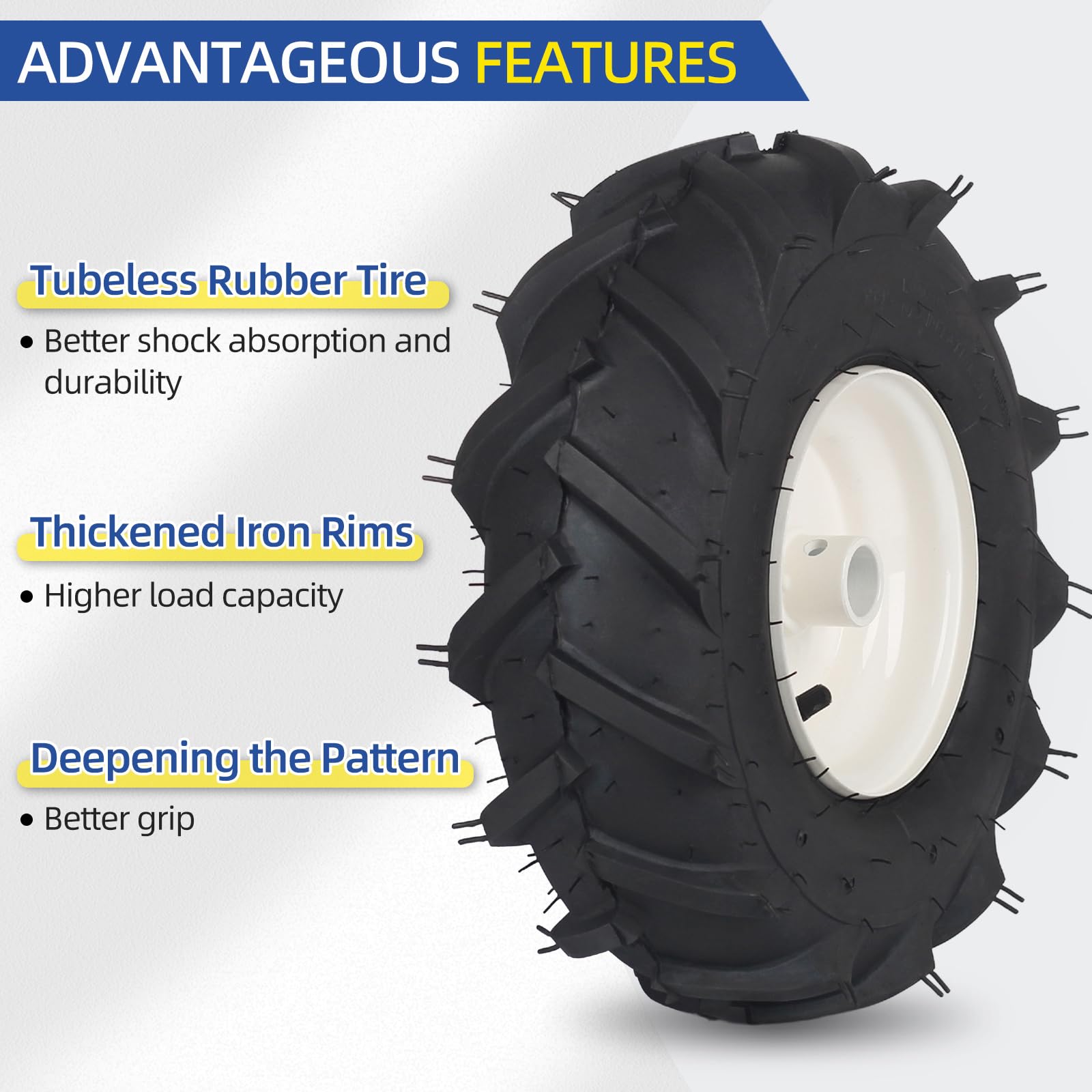 13x5.00-6" Tiller Tire and Wheel, 【1" Axle Size】, 3-1/8" Centered Hub, 13x5-6 Tubeless Agriculture Super Lug Tractor & Trencher Tire Replacement, 1 Pack