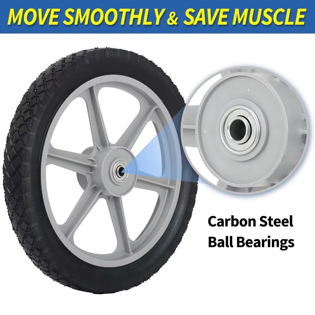 14 x 1.75'' Rubber Tire and Plastic Spoke Wheel, 2.5" Hub Length, 1/2" Axle Bore, for Lawn mower Trolley Dolly Wheel Replacement, 2 (Pack)