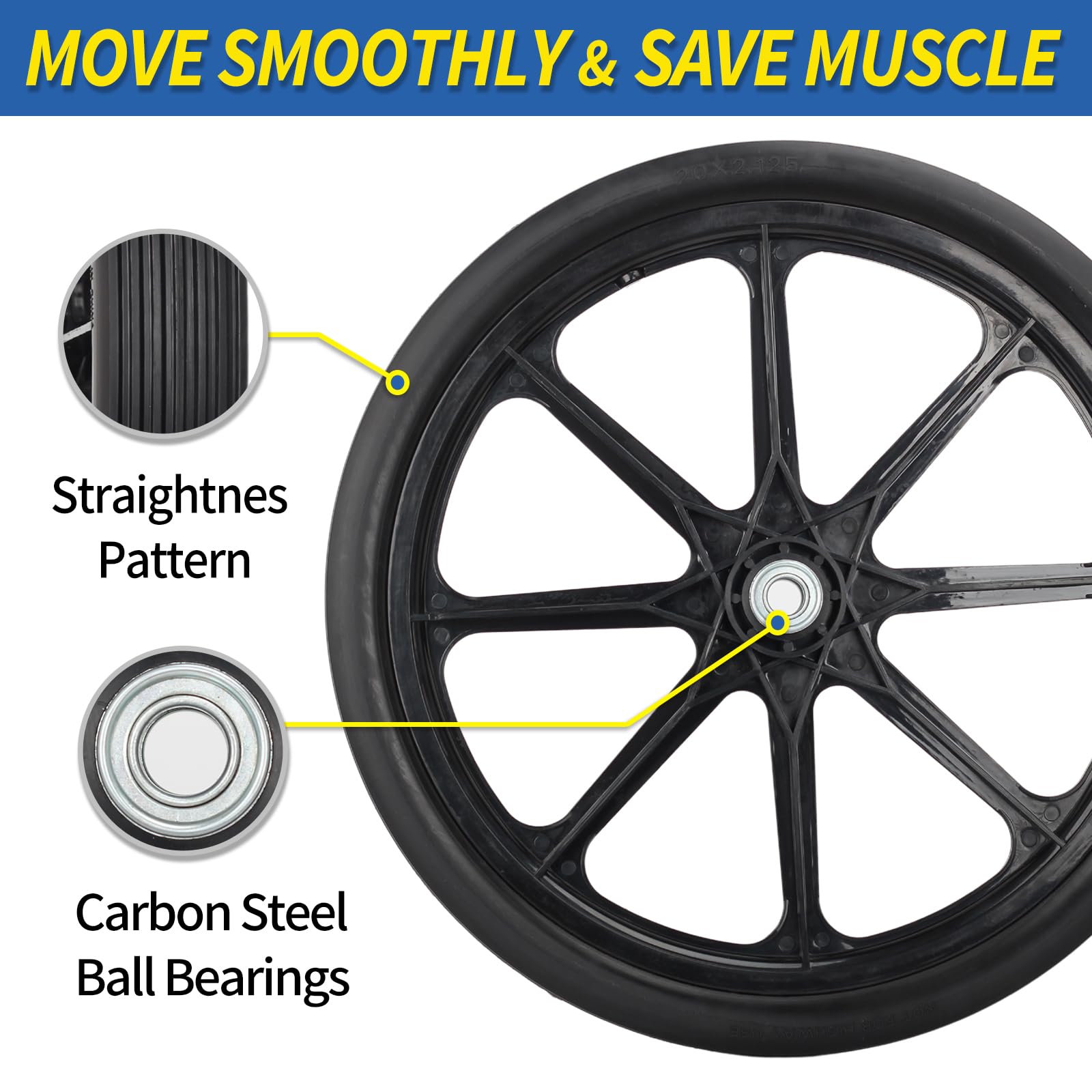 20" Flat Free Tire and Wheel, with 3/4" & 5/8" Bearing, 2.45" Centered Hub, Replacement Wheel For Rubbermaid Wheelbarrow, Garden Yard Cart, 2(pack)