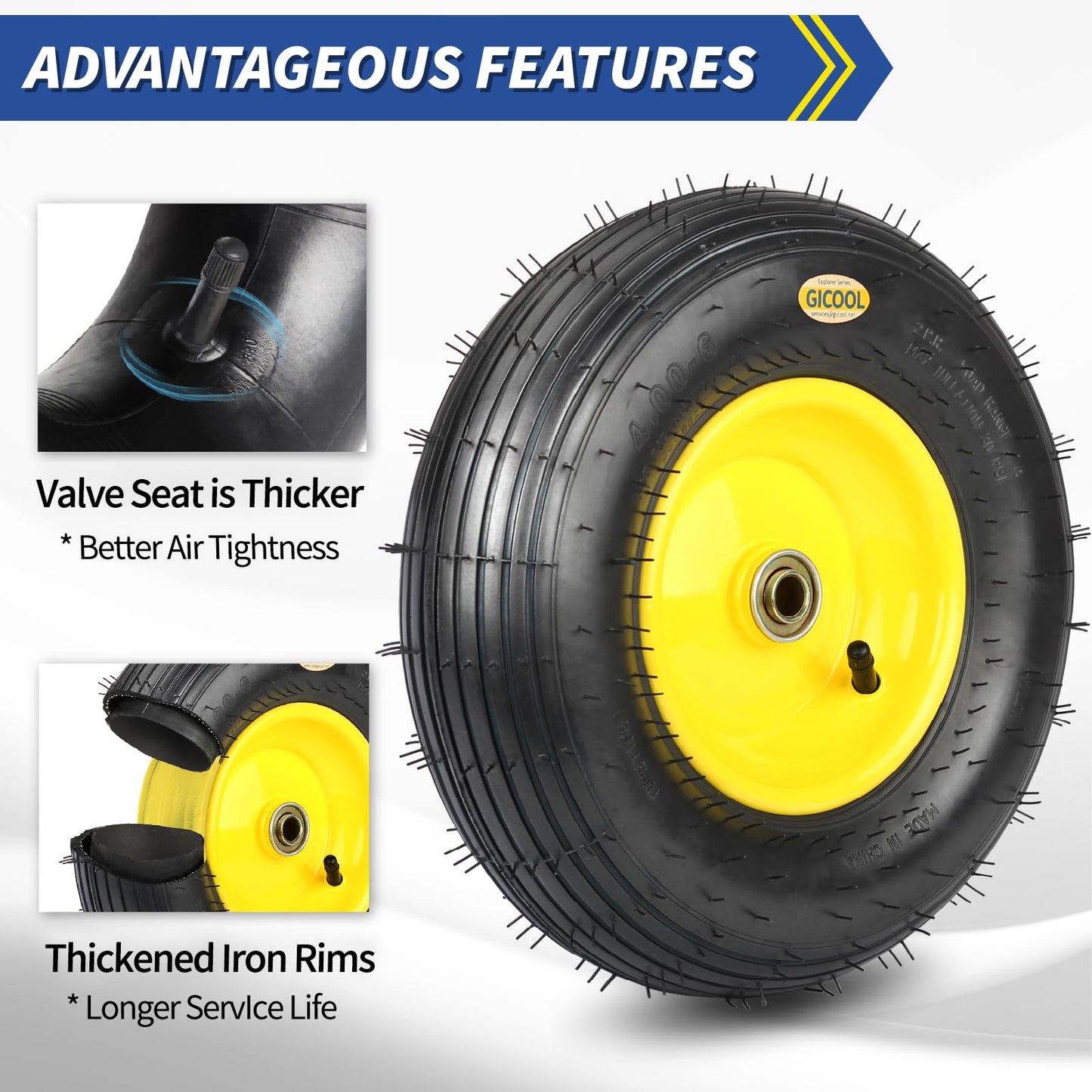 (Explorer Series) 4.00-6 Wheelbarrow Tire, 13" Rubber Pneumatic Wheel, Installed 5/8" Bearing with Extra 3/4" Bearing,1.75"- 6" Centered Hub (1 Pack)