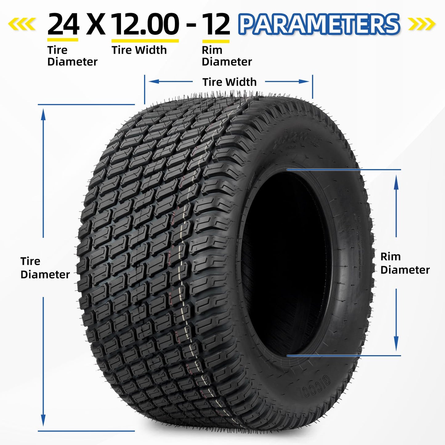 24x12.00-12 Lawn Mower Tire, 24x12-12 Tubeless Tire for Tractor Riding Lawnmowers, 4 Ply, Turf-S Pattern, 2 Pack