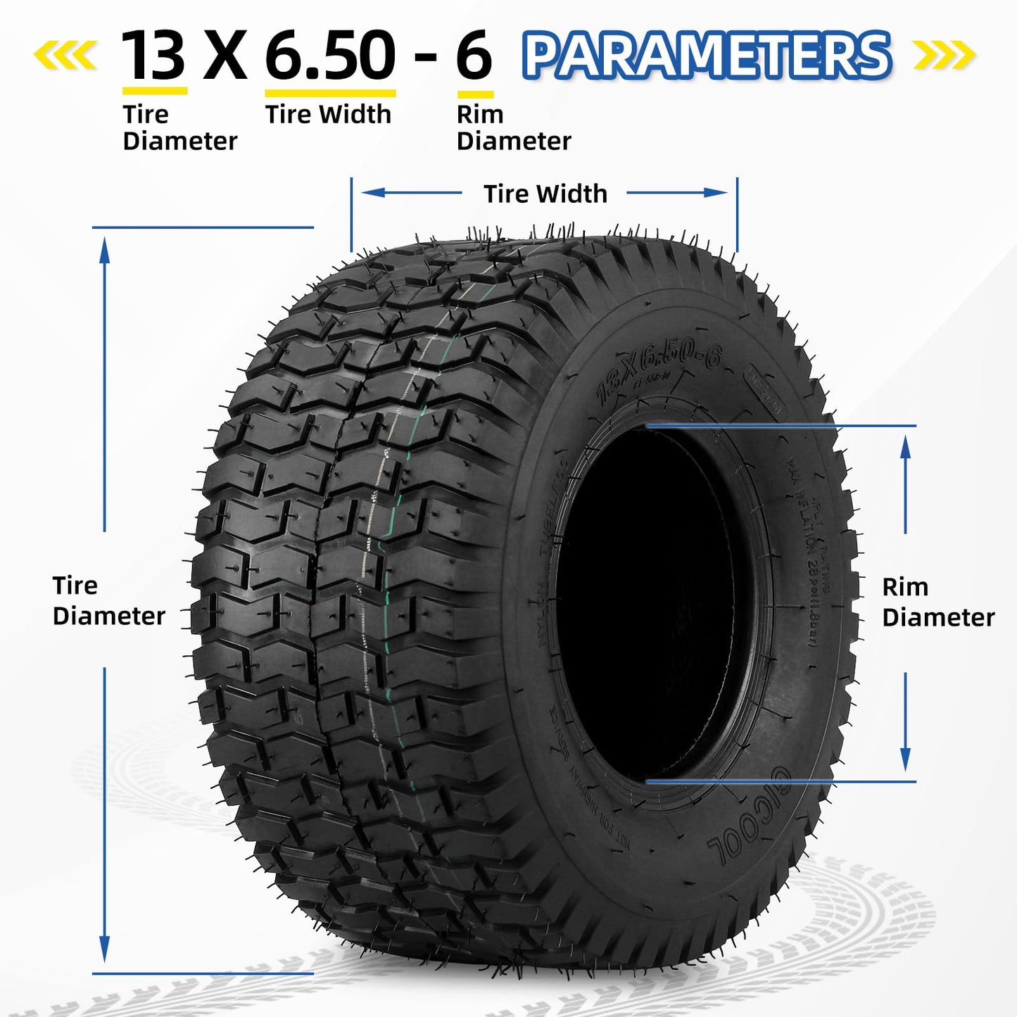 13x6.50-6 Lawn Mower Tubeless Tire, 13x6.5-6 for Tractor Riding Lawnmowers, 4 Ply, Turf-V Pattern(2 Pack)