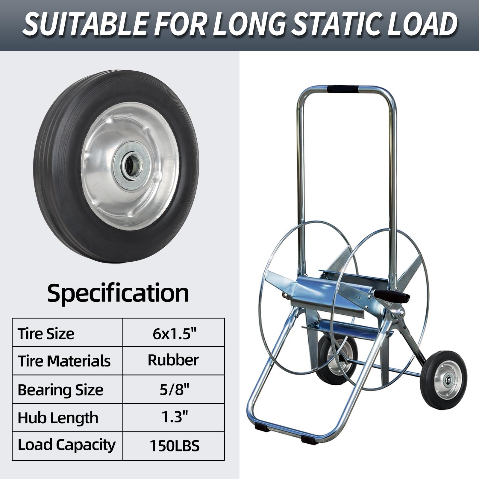 6" Flat Free Solid Rubber Tire and Wheel, with Ball Bearings and 5/8” Axle Bore Hole, 1.3" Centered Hub,2 (Pack)