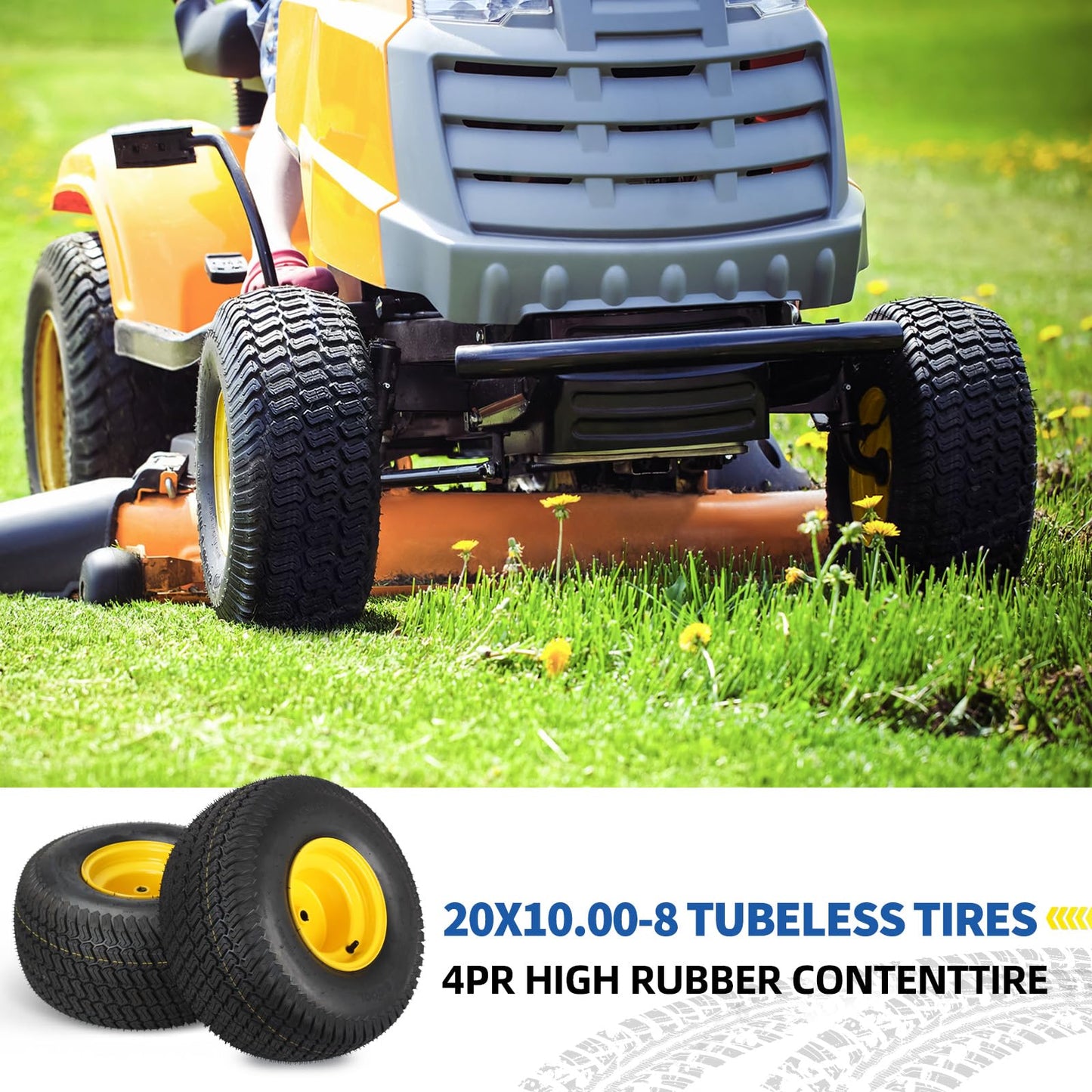 20x10.00-8 Lawn Mower Tire and Wheel, 3/4" Borehole, and 3/16" Keyway, 3.5" Offset Hub, 4 Ply Tubeless Tire, Replacement 20x10-8nhs Riding Lawn Mower and Tractor Rear Tire and Wheel Assemblies