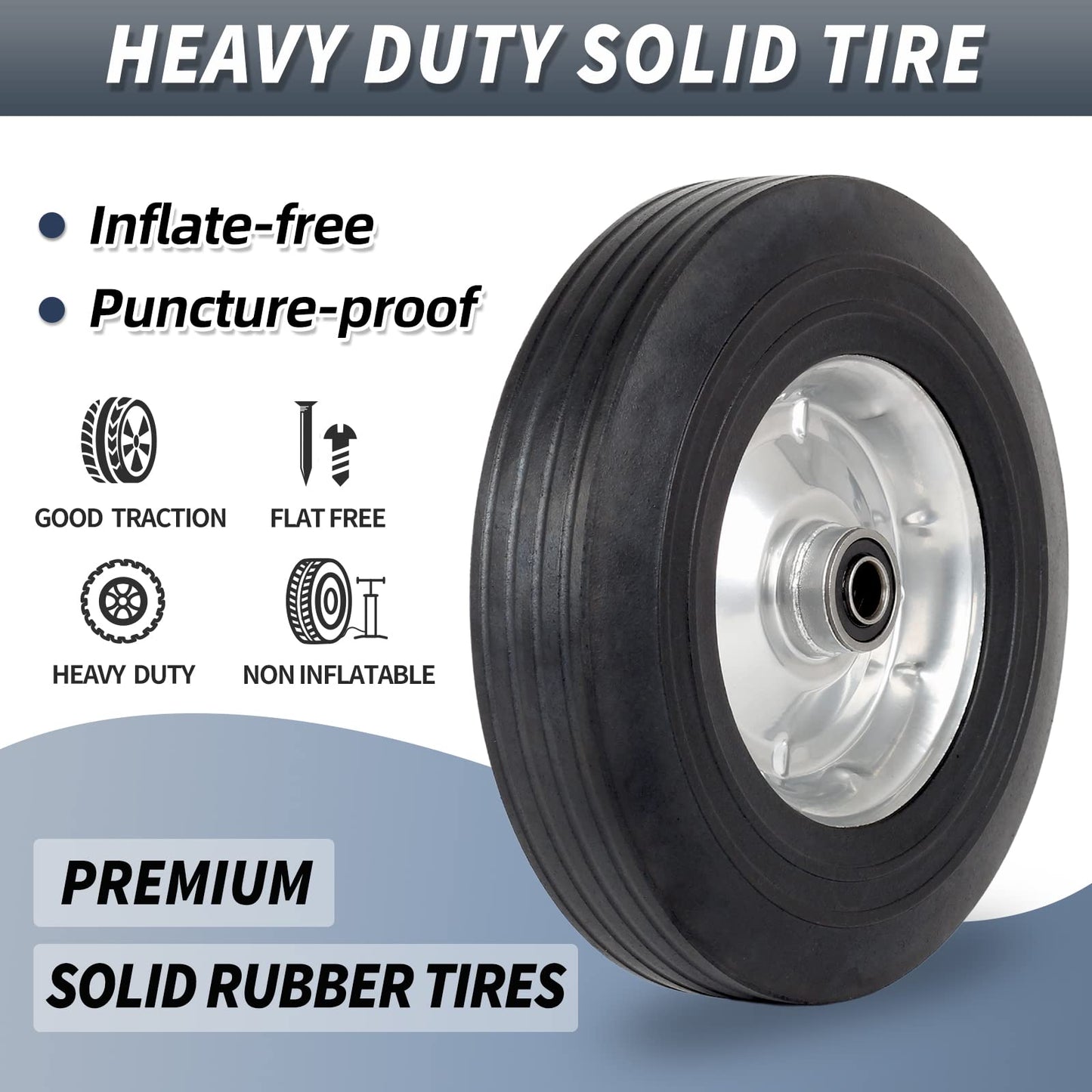 10" x 2.5" Flat Free Solid Rubber Tire with 5/8" Axle Bore Hole, 2 1/4" Hub, Replacement 4.10/3.50-4" for Hand Truck Dolly Trolley Garden Wagon Cart Generator, 2(Pack)