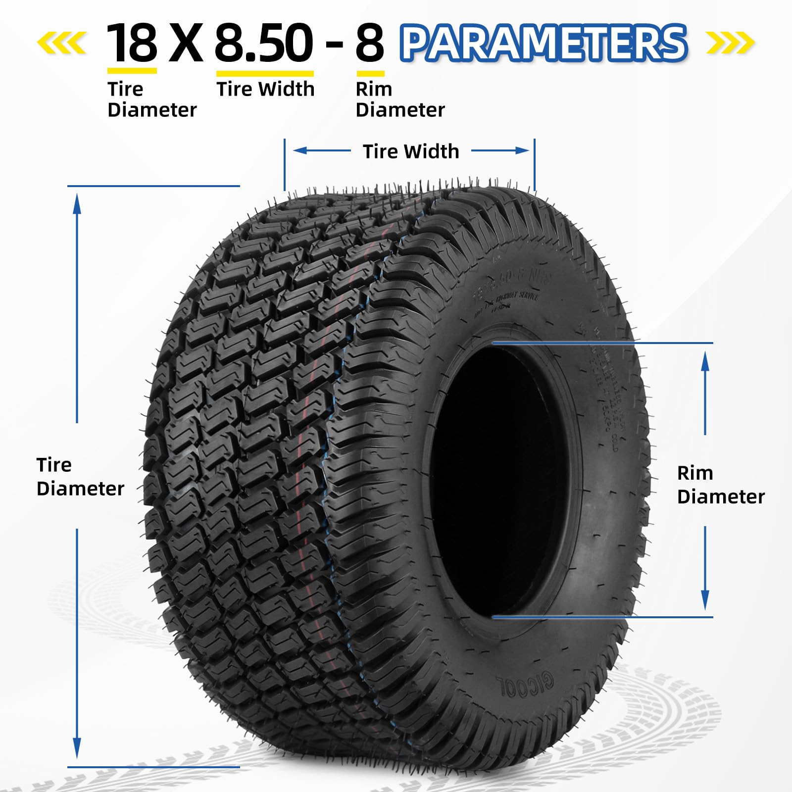 18x8.50-8 Lawn Mower Tire, 18x8.5-8 Tractor Lawnmower Tire, 4 Ply Tubeless Tire, Turf-S Pattern, Set of 2