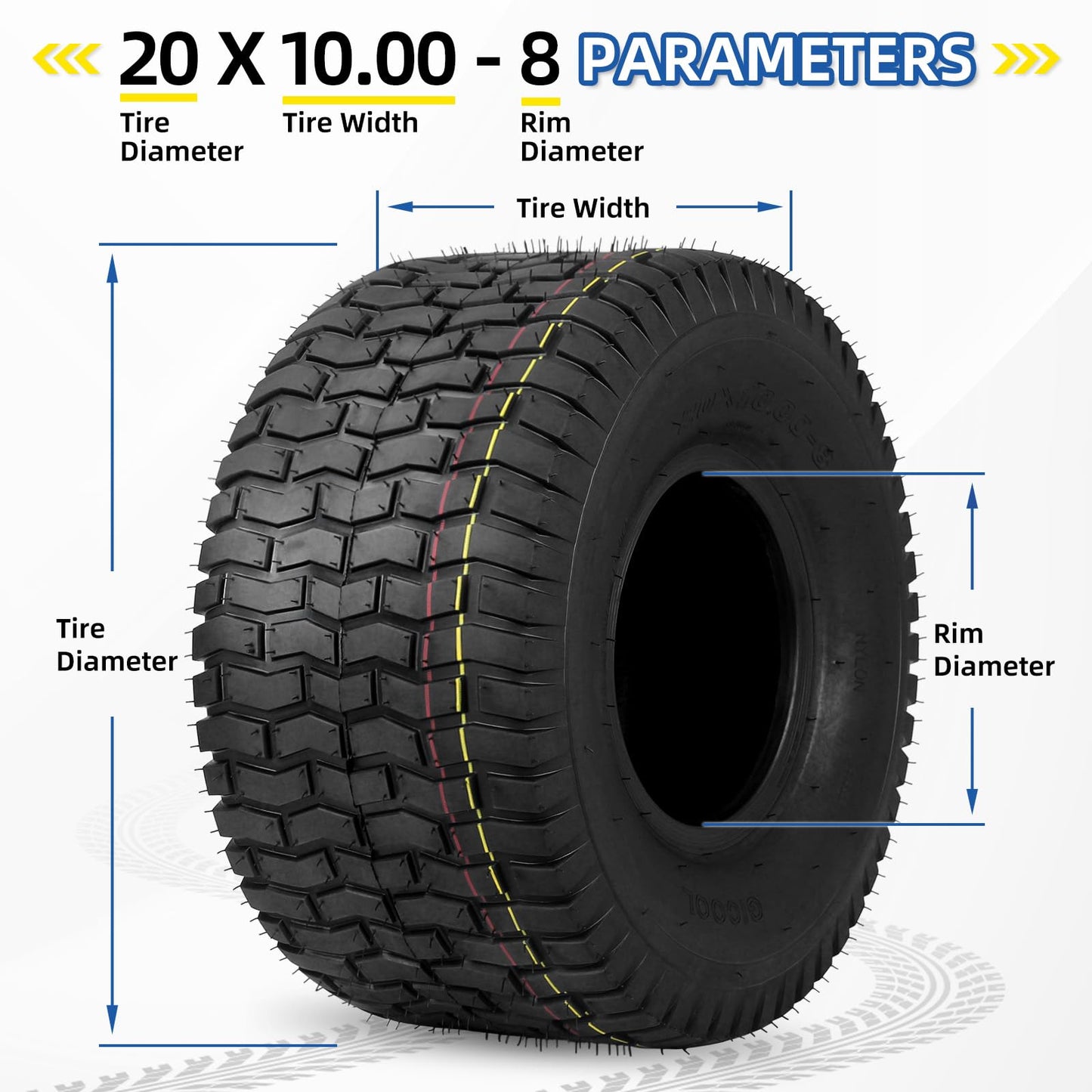 20x10.00-8 Lawn Mower Tubeless Tire, 20x10-8 for Tractor Riding Lawnmowers, 4 Ply, Turf-V Pattern(2 Pack)