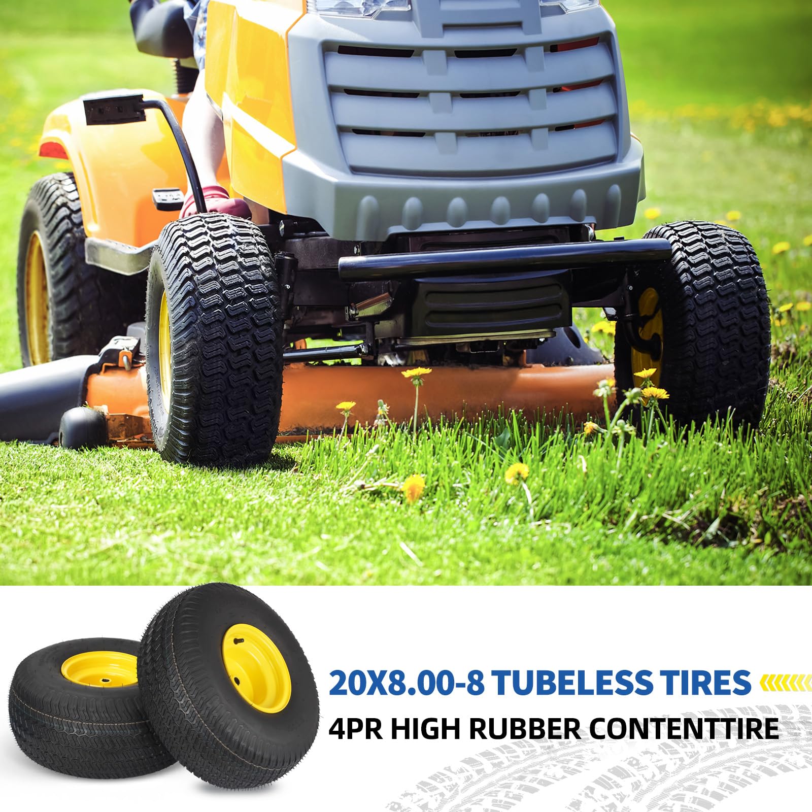 20x8.00-8 Tire and Wheel, 4 Ply Tubeless Lawn Mower Tire Replacement 20x8-8nhs Riding Tractor Mower and Rear Tire and Wheel Assemblies, 3.5" Offset Hub, 3/4" Borehole, and 3/16" Keyway, 2 Pack