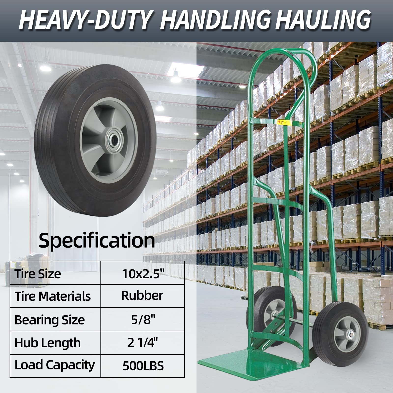 10" x 2.5" Flat-Free Solid Rubber Tire and Wheel 5/8" Axle Bore Hole, 2 1/4" Offset Hub, Replacement 4.10/3.50-4" for Hand Truck Dolly Trolley Garden Wagon Cart Generator, 2(Pack)