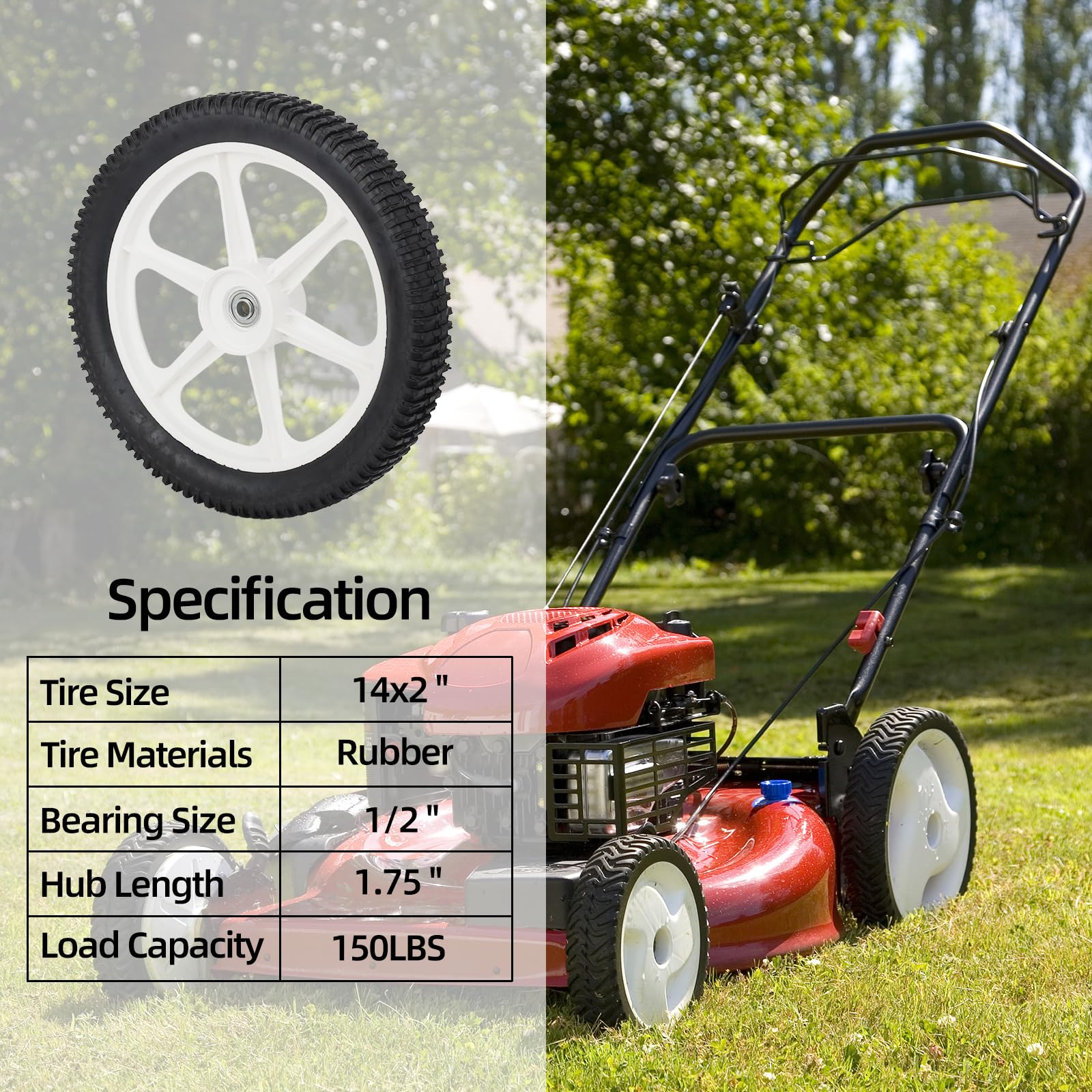 14 x 2'' Rubber Tire and Spoked Plastic Wheel, 1.75" Offset Hub Length, 1/2" Axle Bore, for Lawn Mower Trolley Dolly Wheel Replacement (2 Pack)