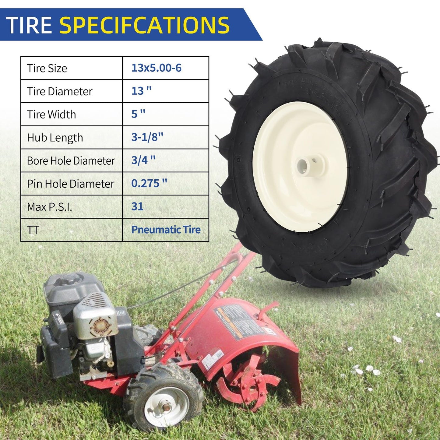 13x5.00-6" Tiller Tire and Wheel, 3/4" Axle Size, 3-1/8" Centered Hub, Compatible with Craftsman & Troy-Bilt Tiller Replacement (2pack)