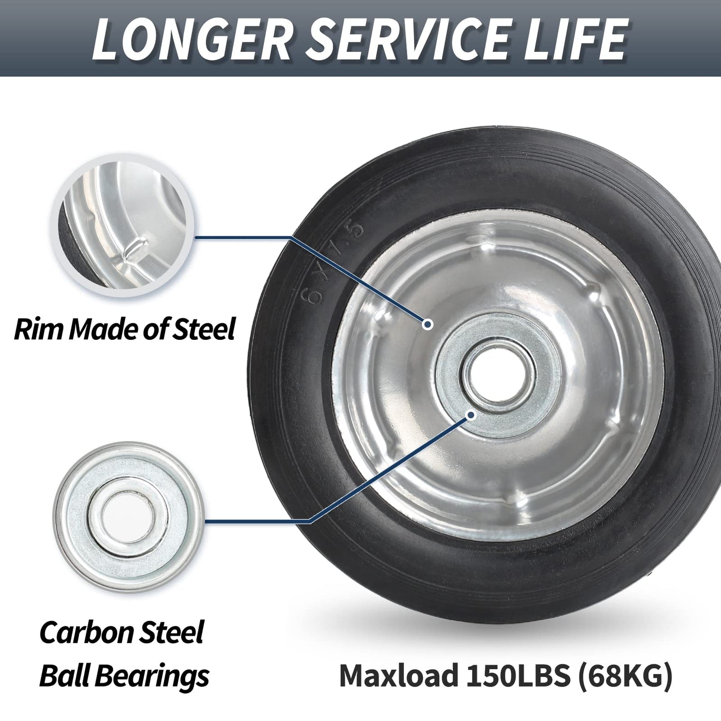 6" Flat Free Solid Rubber Tire and Wheel, with Ball Bearings and 5/8” Axle Bore Hole, 1.3" Centered Hub,2 (Pack)