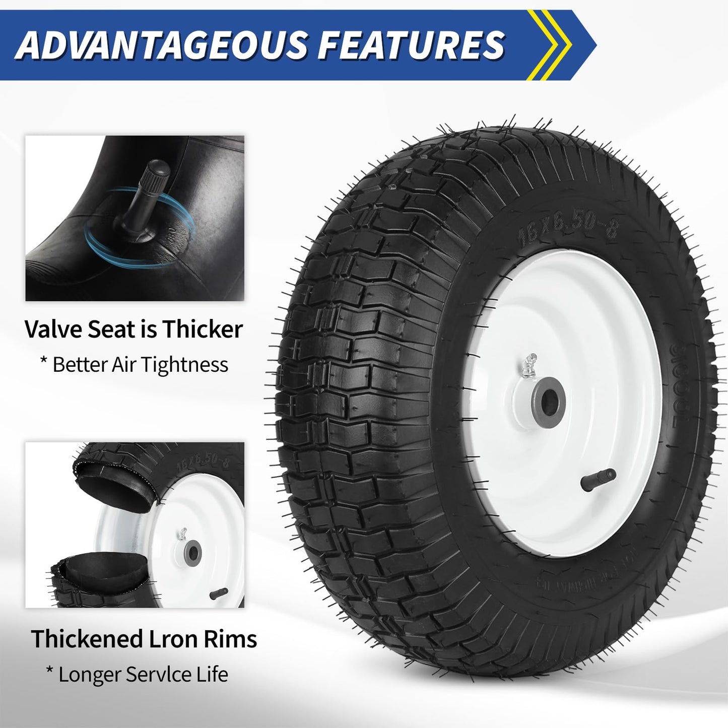 16x6.50-8 Riding Lawn Mower Rubber Tire and Wheel, 2 Pcs Replacement 16x6.5-8nhs Garden Tractor Lawnmower Tyre, with 3/4" & 5/8" Bushing, 3"-4.5" Centered Hub