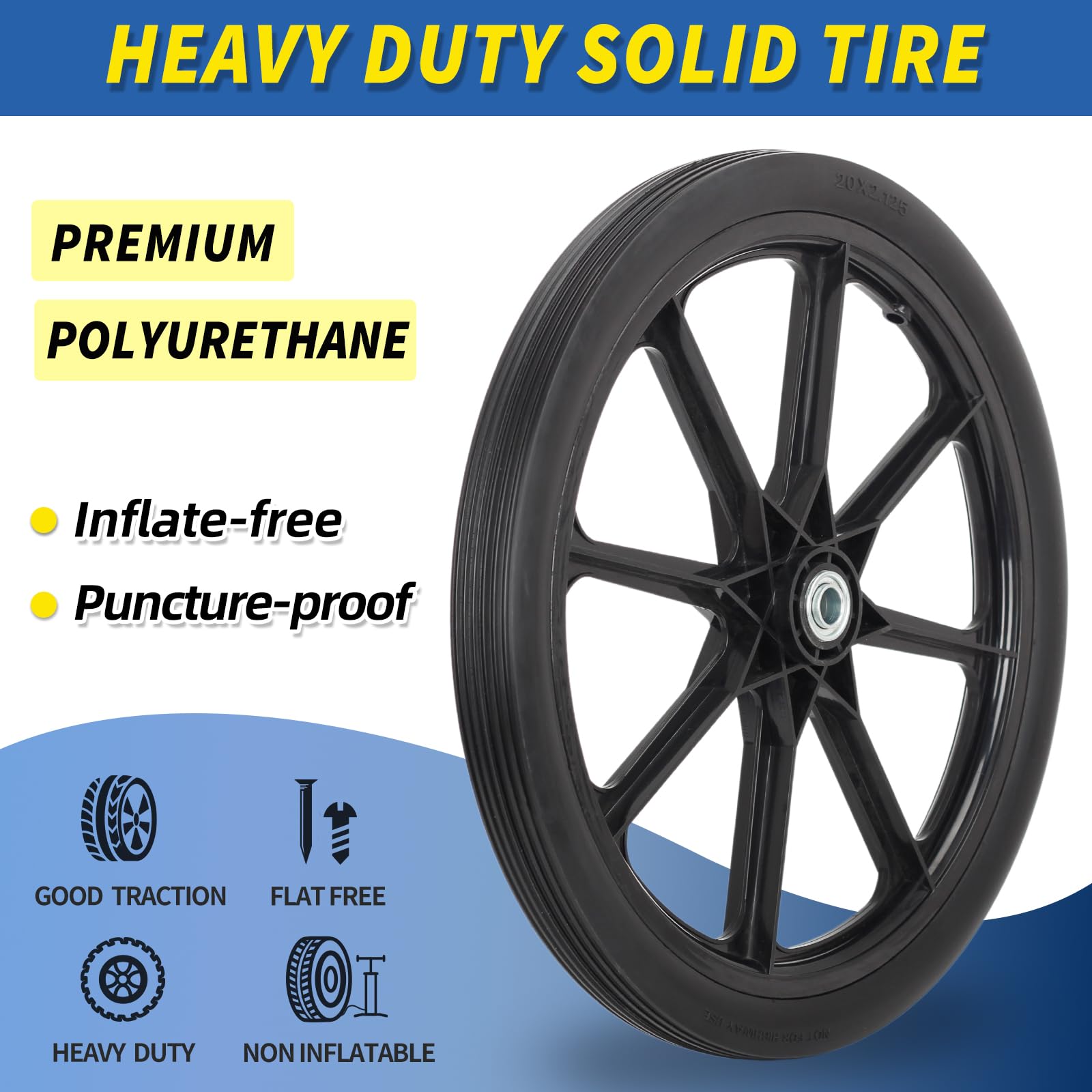 20" Flat Free Tire and Wheel, with 3/4" & 5/8" Bearing, 2.45" Centered Hub, Replacement Wheel For Rubbermaid Wheelbarrow, Garden Yard Cart, 2(pack)