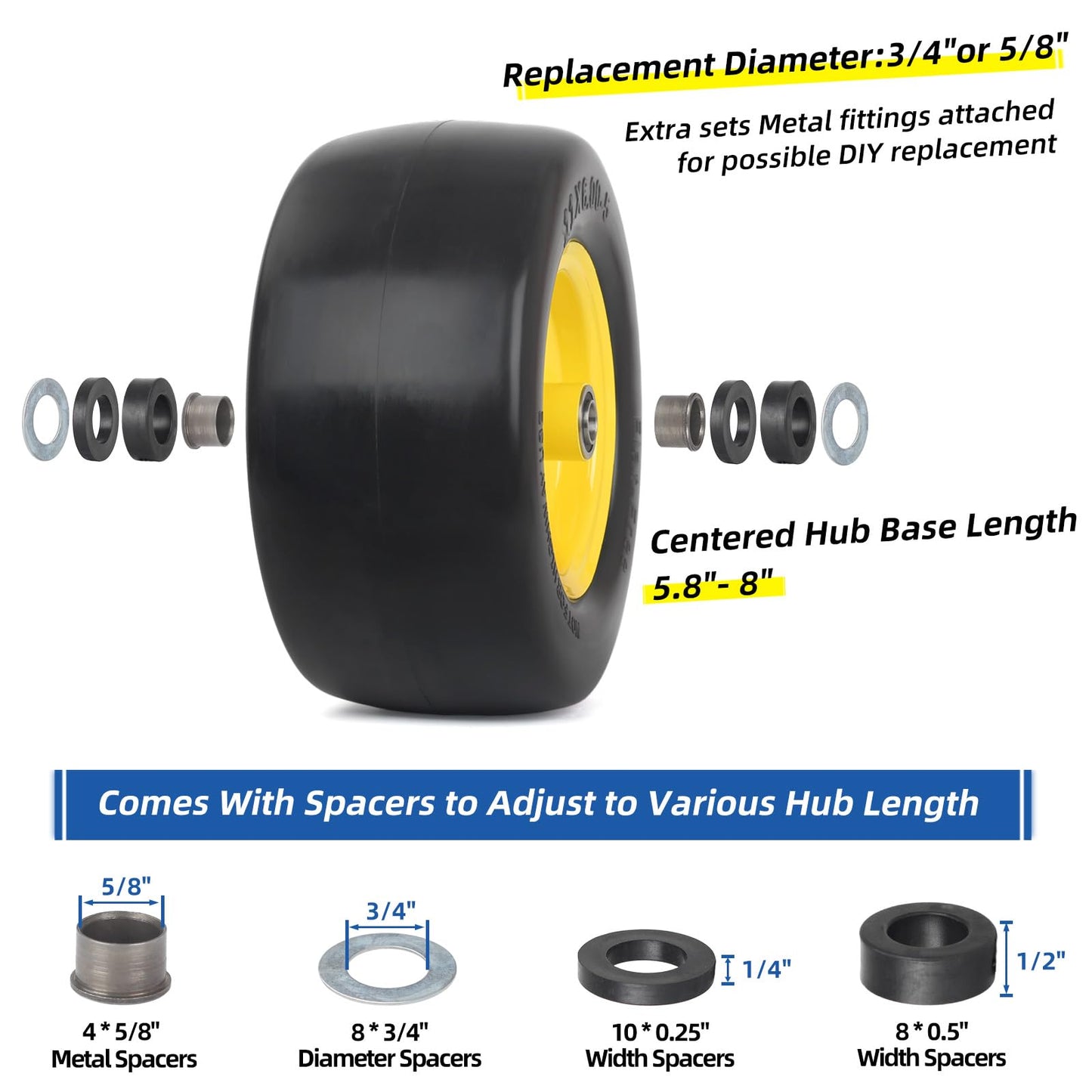 11x6.00-5 Flat Free Zero Turn Mower Tire and Wheel, 11x6-5nhs Riding Mowers Lawn Tire and Wheel with 3/4" Bearing, 5.8" -8" Centered Hub