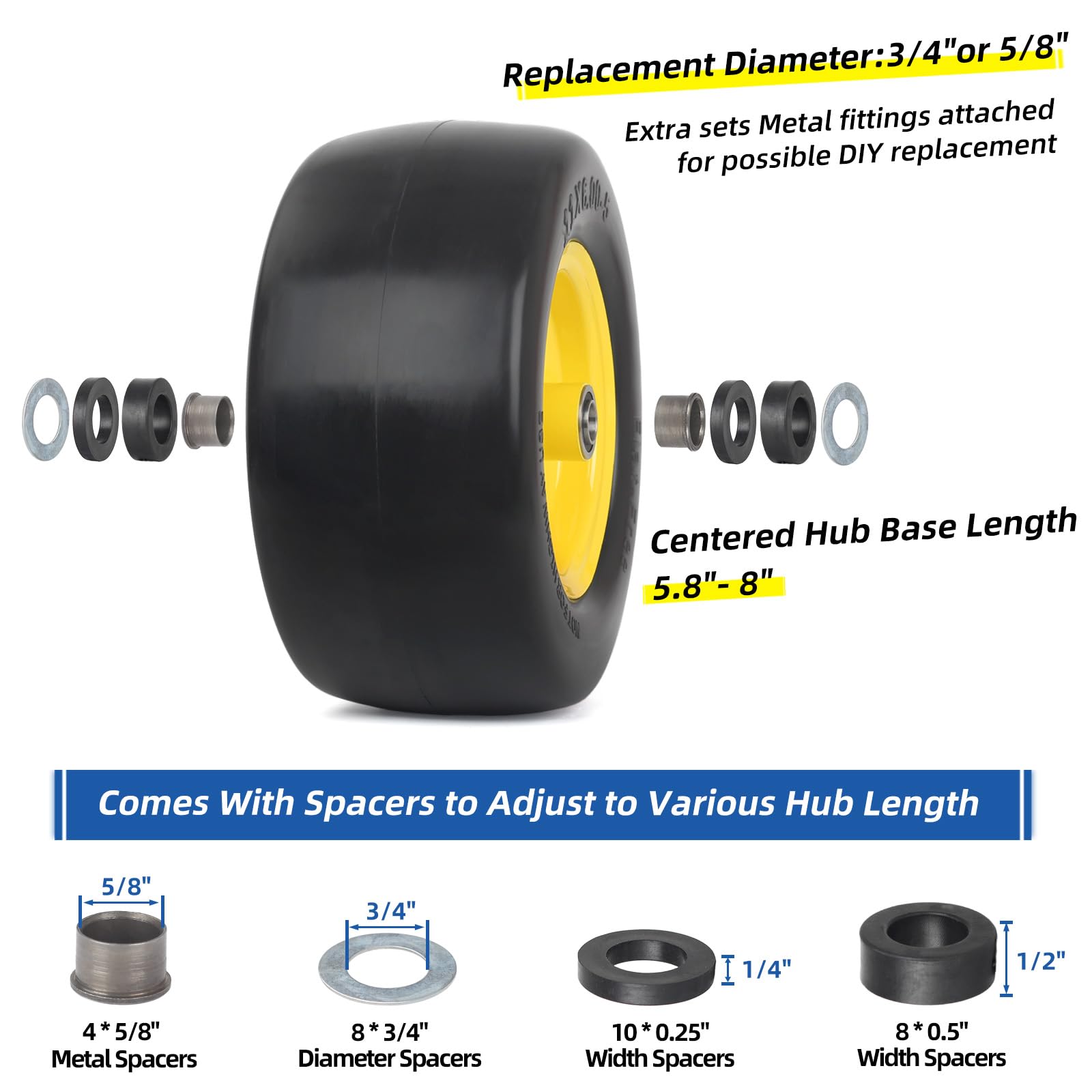 11x6.00-5 Flat Free Zero Turn Mower Tire and Wheel, 11x6-5nhs Riding Mowers Lawn Tire and Wheel with 3/4" Bearing, 5.8" -8" Centered Hub