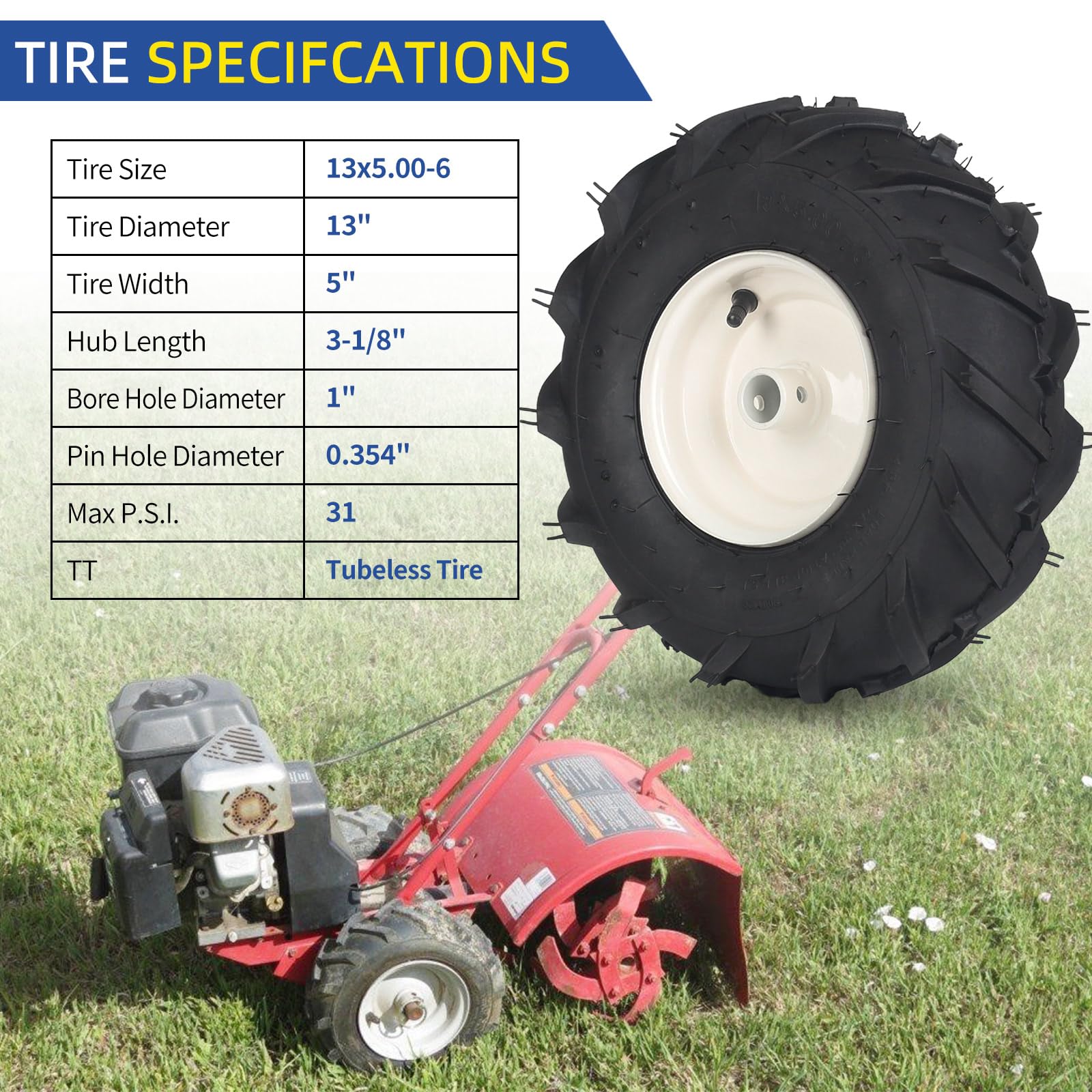 13x5.00-6" Tiller Tire and Wheel, 【1" Axle Size】, 3-1/8" Centered Hub, 13x5-6 Tubeless Agriculture Super Lug Tractor & Trencher Tire Replacement, 1 Pack